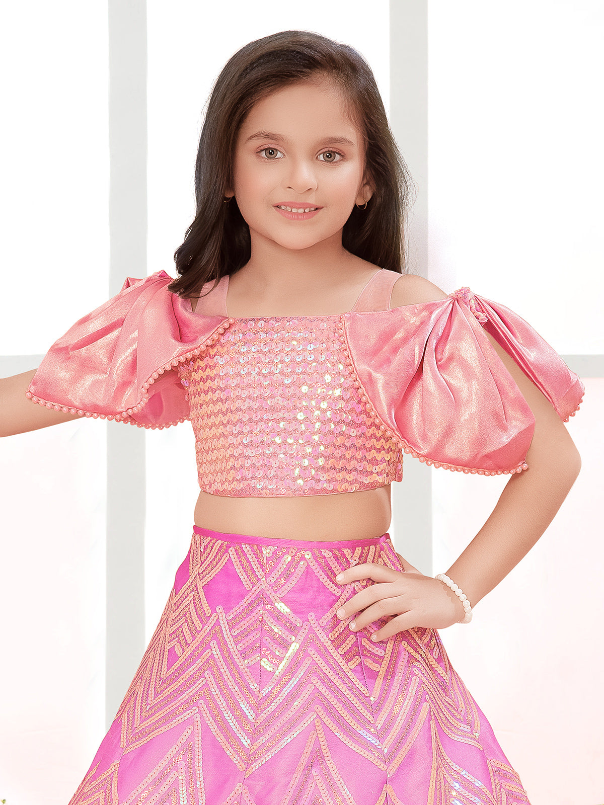 Pink cotton silk designer sequin pearl lehenga choli