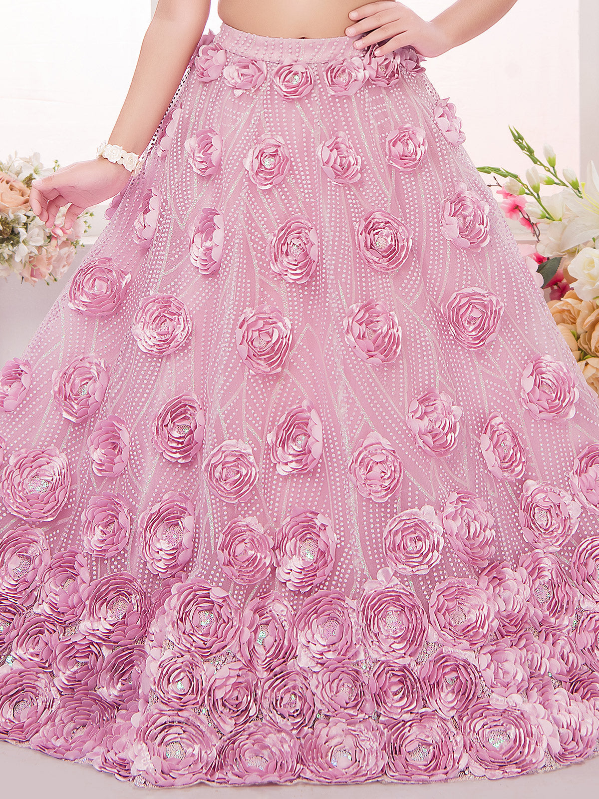 Pink net designer patch work embellished lehenga choli