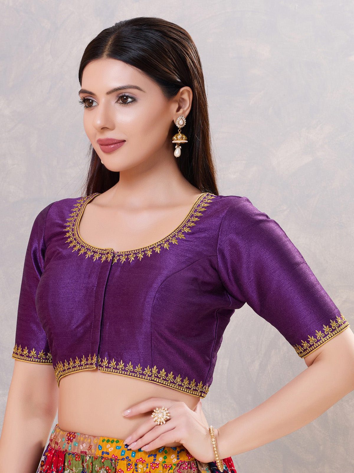 Dark purple silk resham and stone work round neck blouse