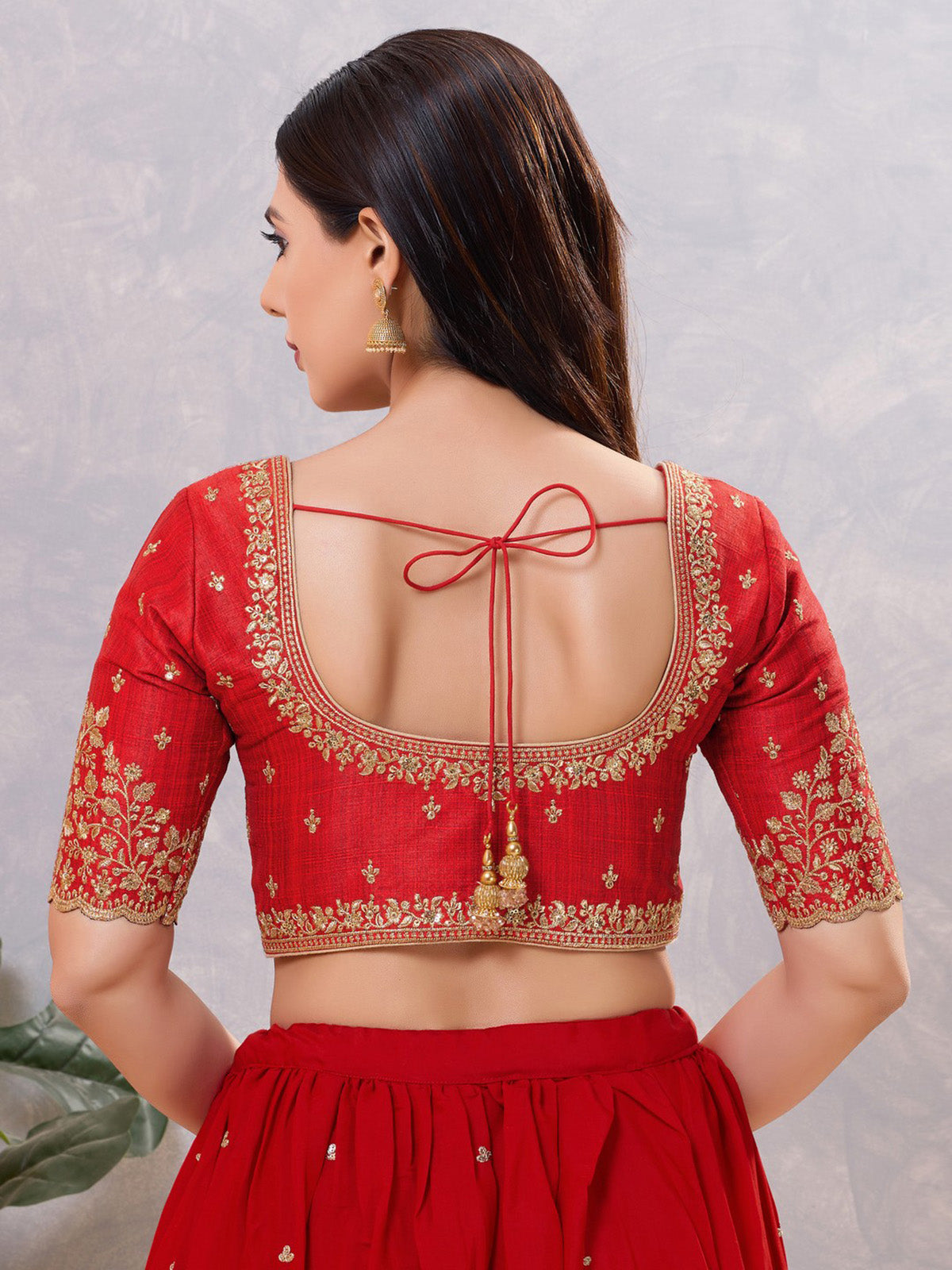 Red silk embroidered and sequin work front open blouse