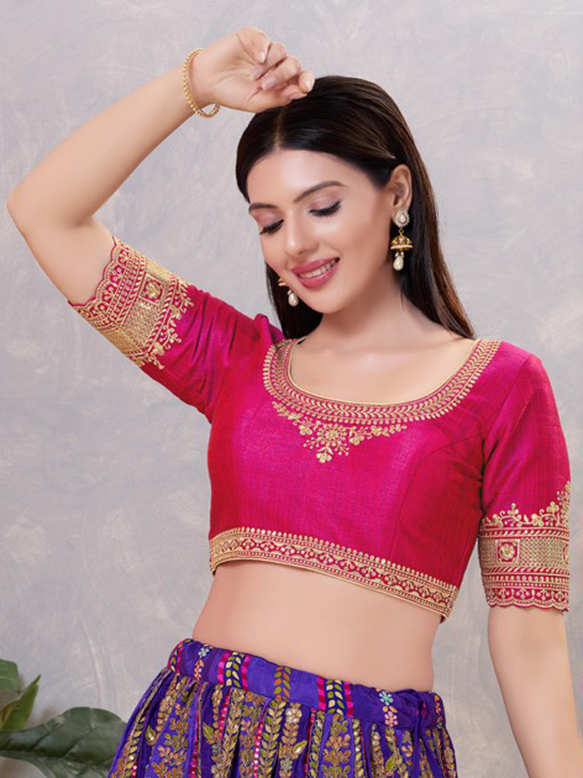 Dark pink silk embroidery and sequin work back open blouse