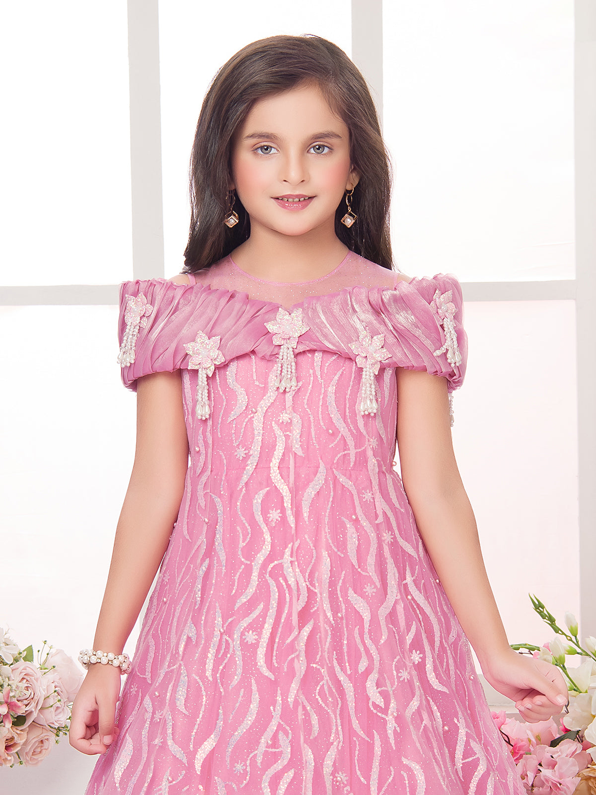 Pink net designer pearl patch work floor length gown