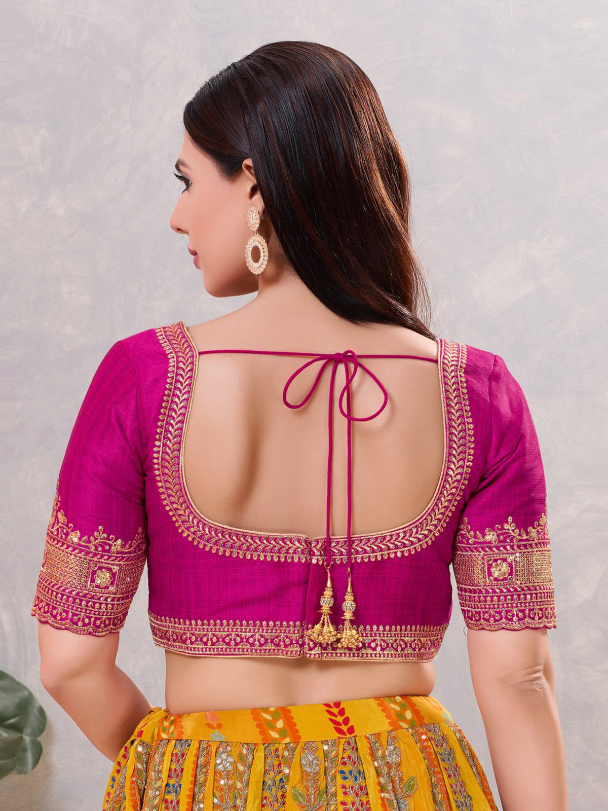 Purple silk embroidered work round neck blouse