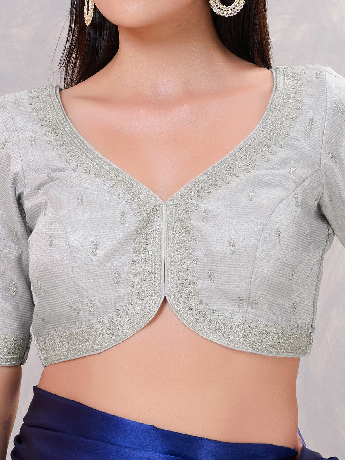 Silver silk sweetheart neck embroidered work blouse