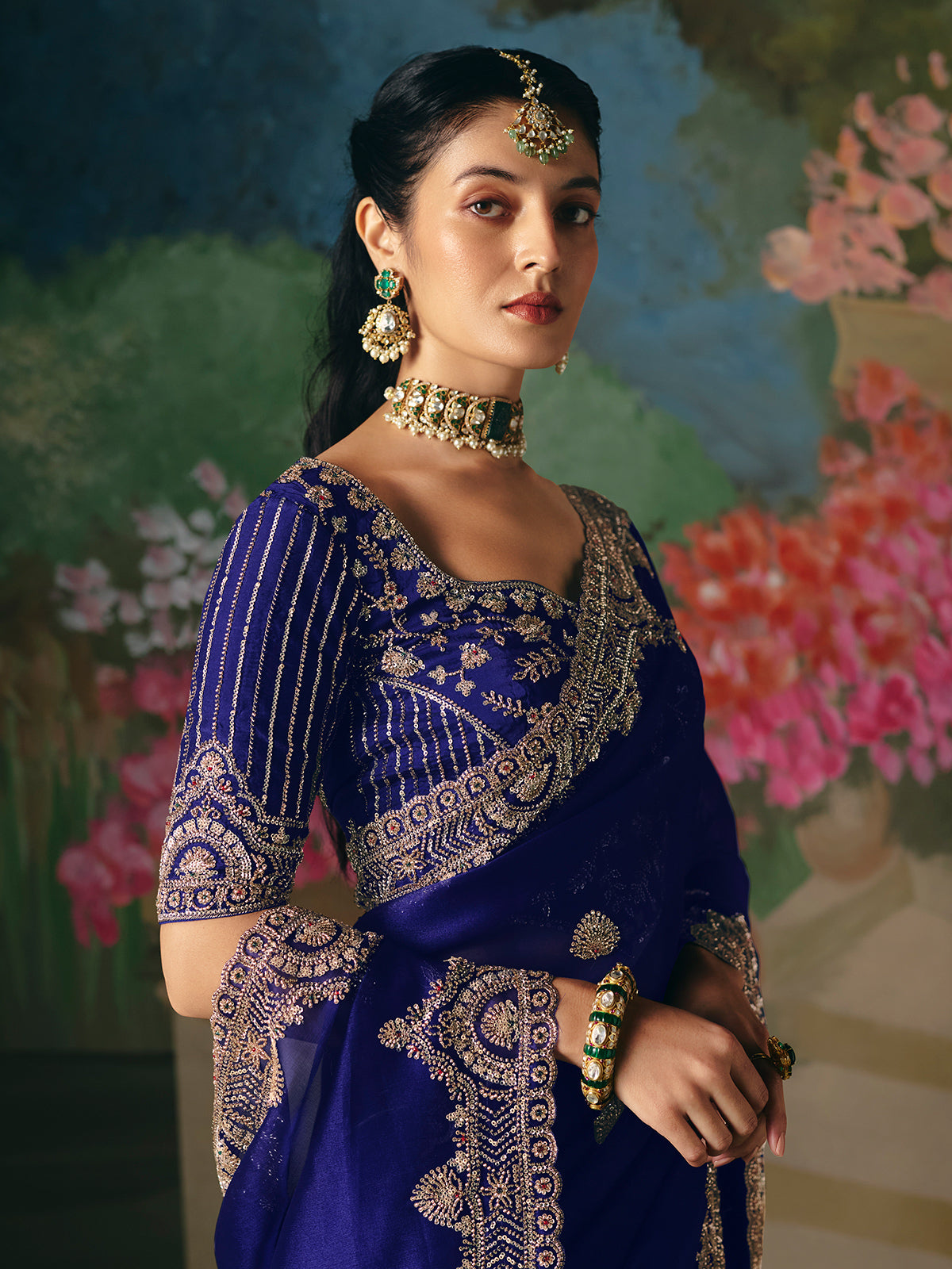 Blue chinon silk saree with heavy work blouse