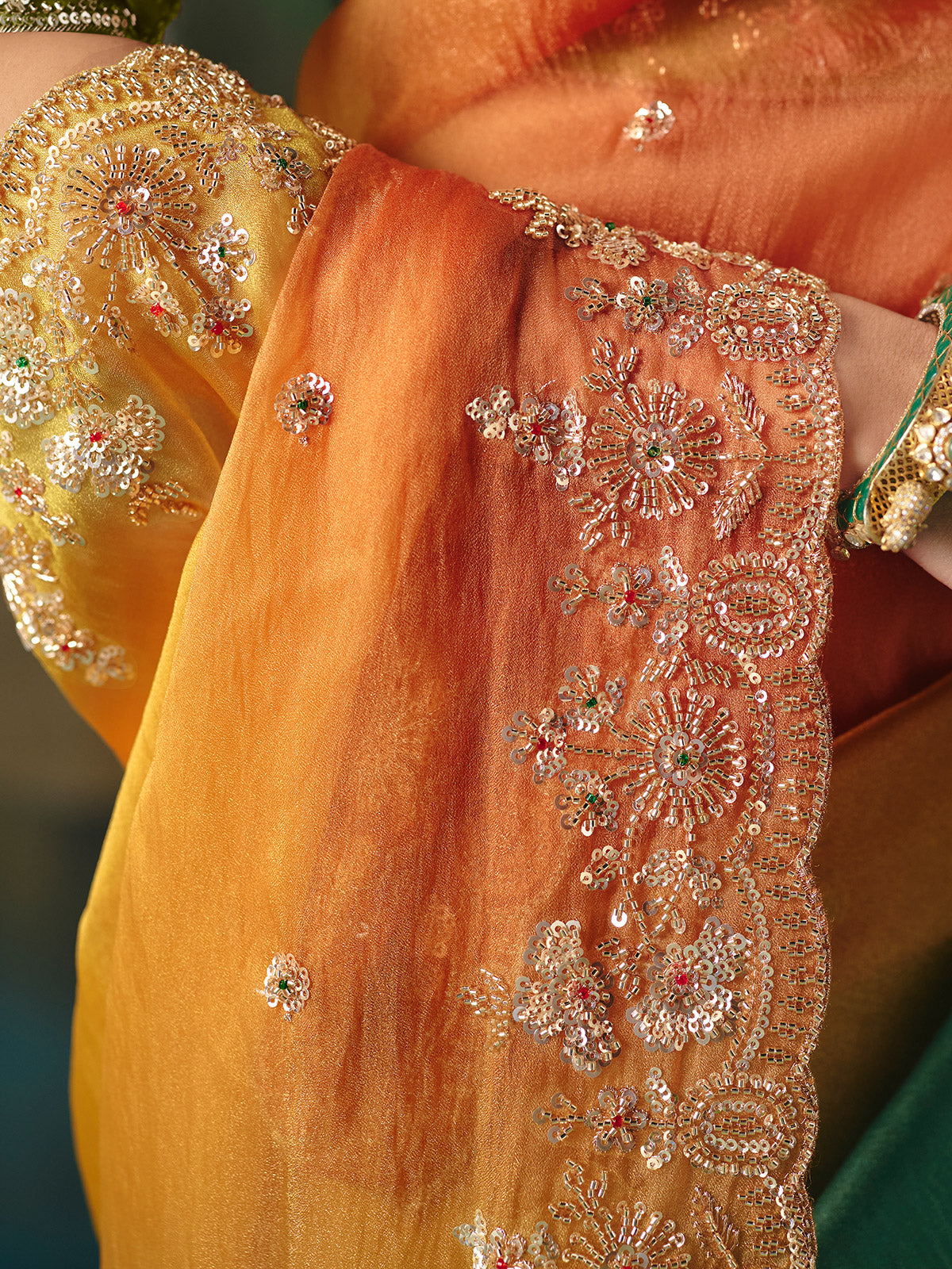 Multicolor shaded chinon silk saree for wedding