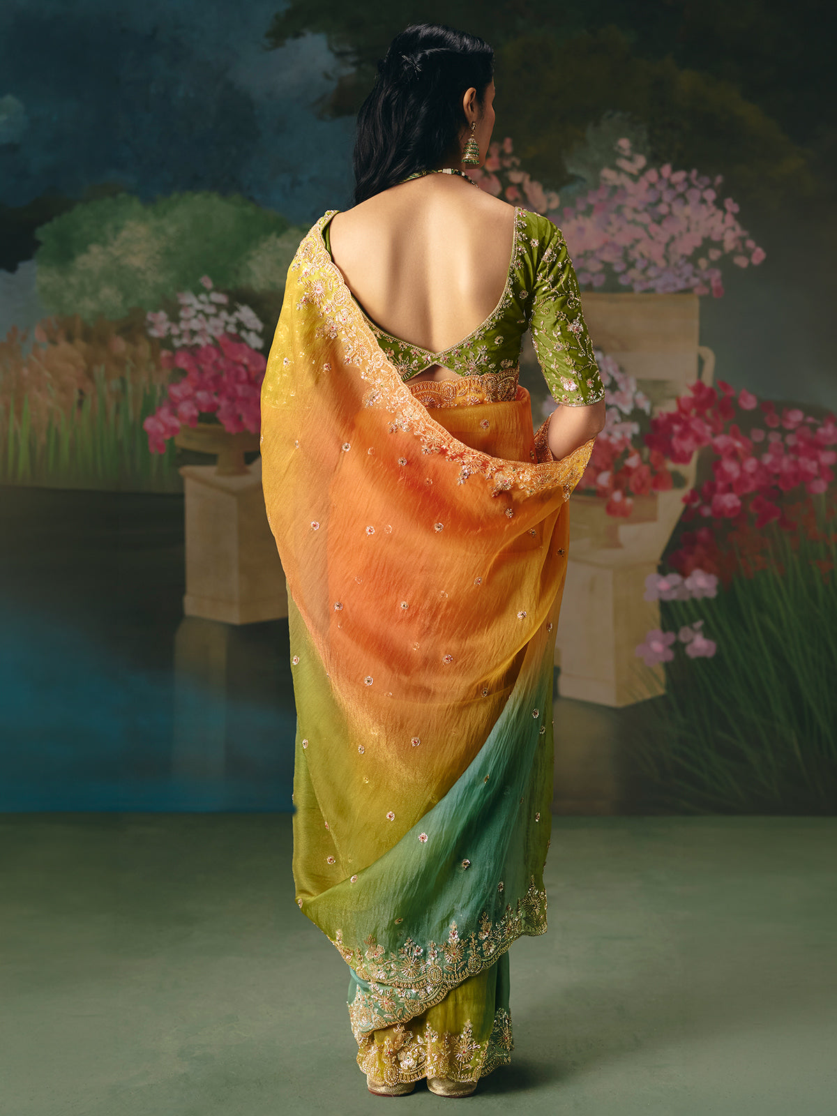 Multicolor shaded chinon silk saree for wedding