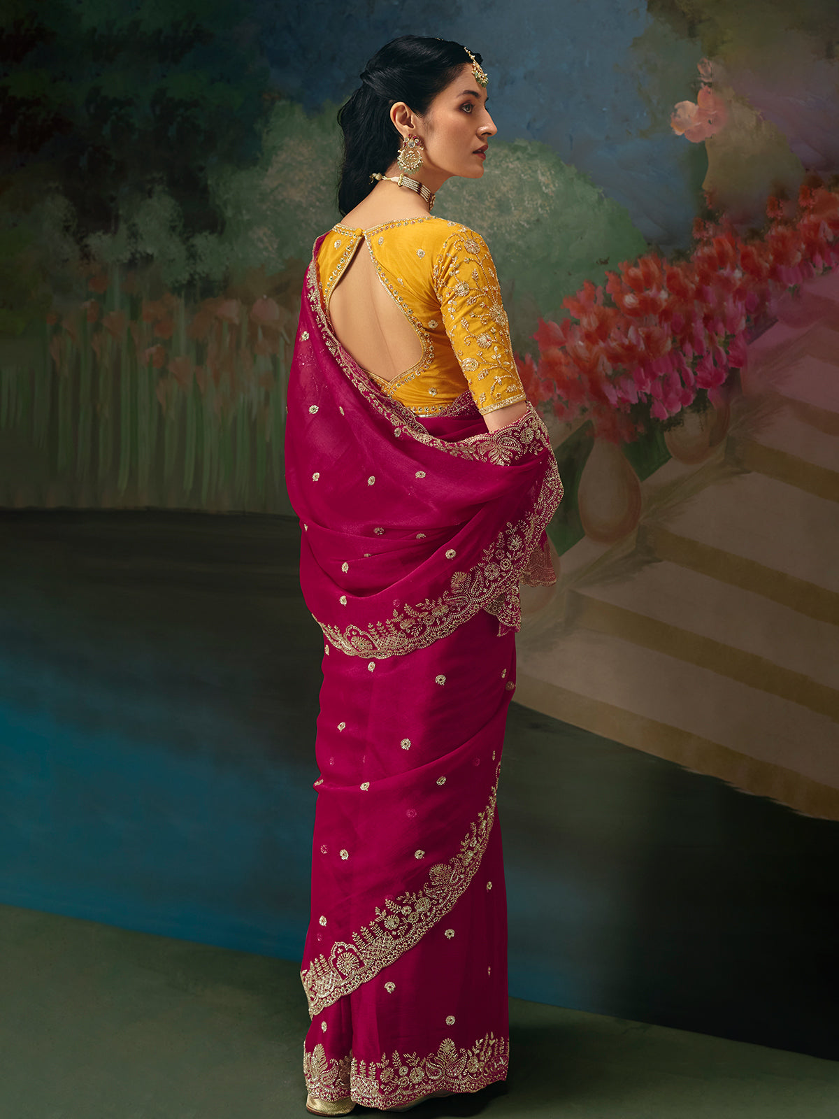 Rani pink chinon silk saree heavy contrast blouse
