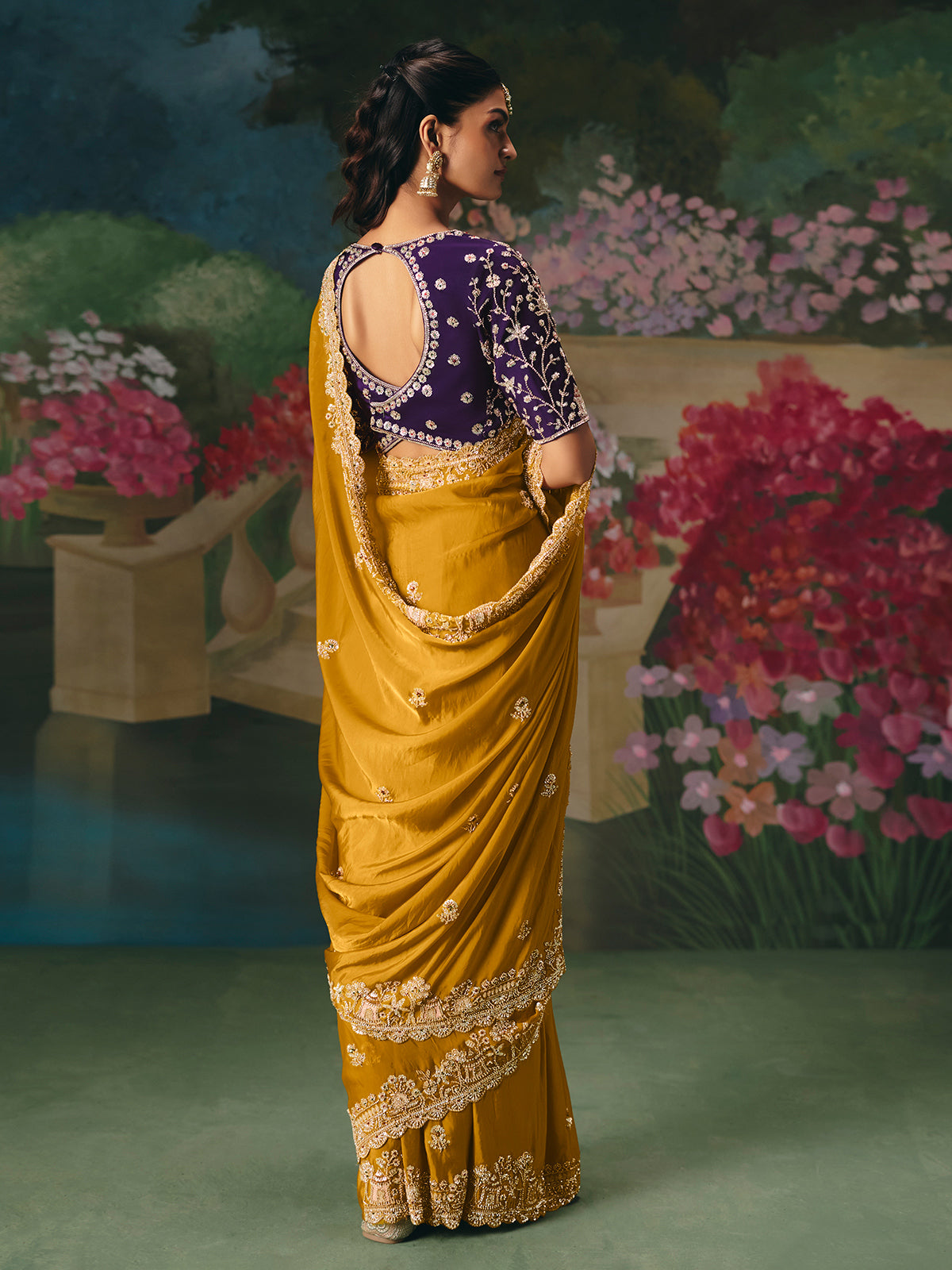 Mustard yellow chinon silk saree for wedding wear