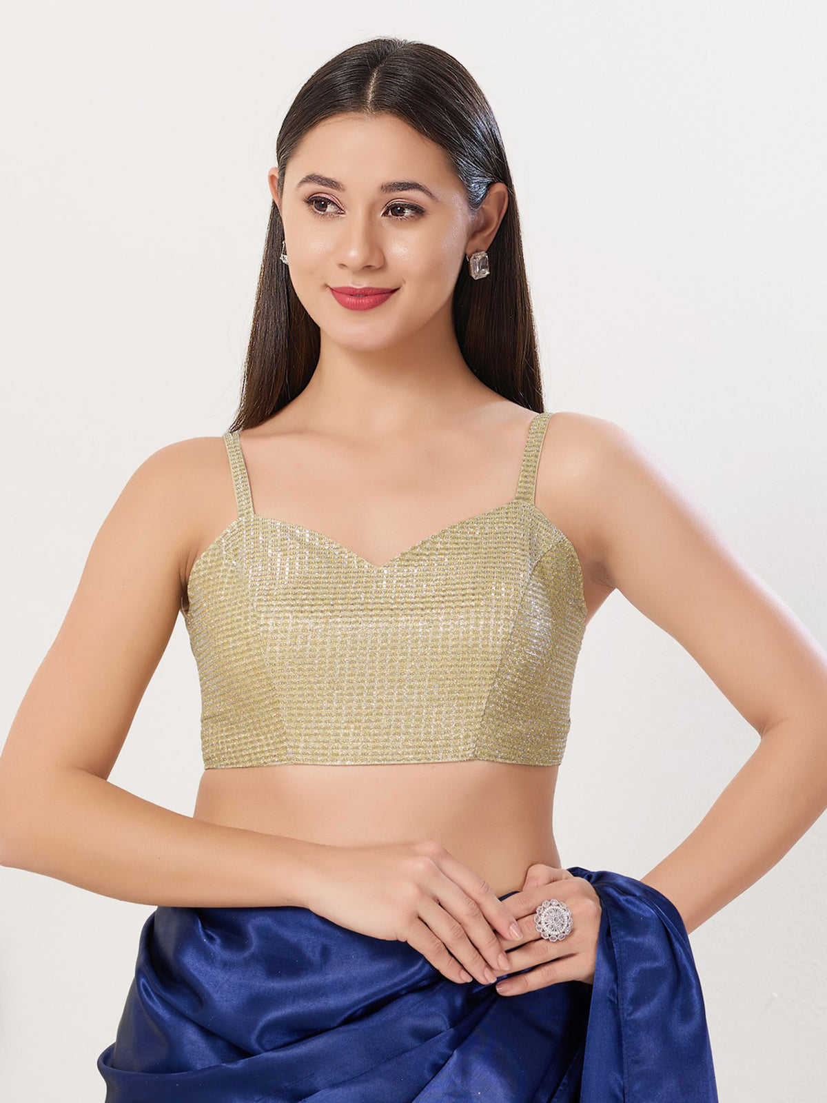 Gold polyester sweetheart neck sleeveless blouse