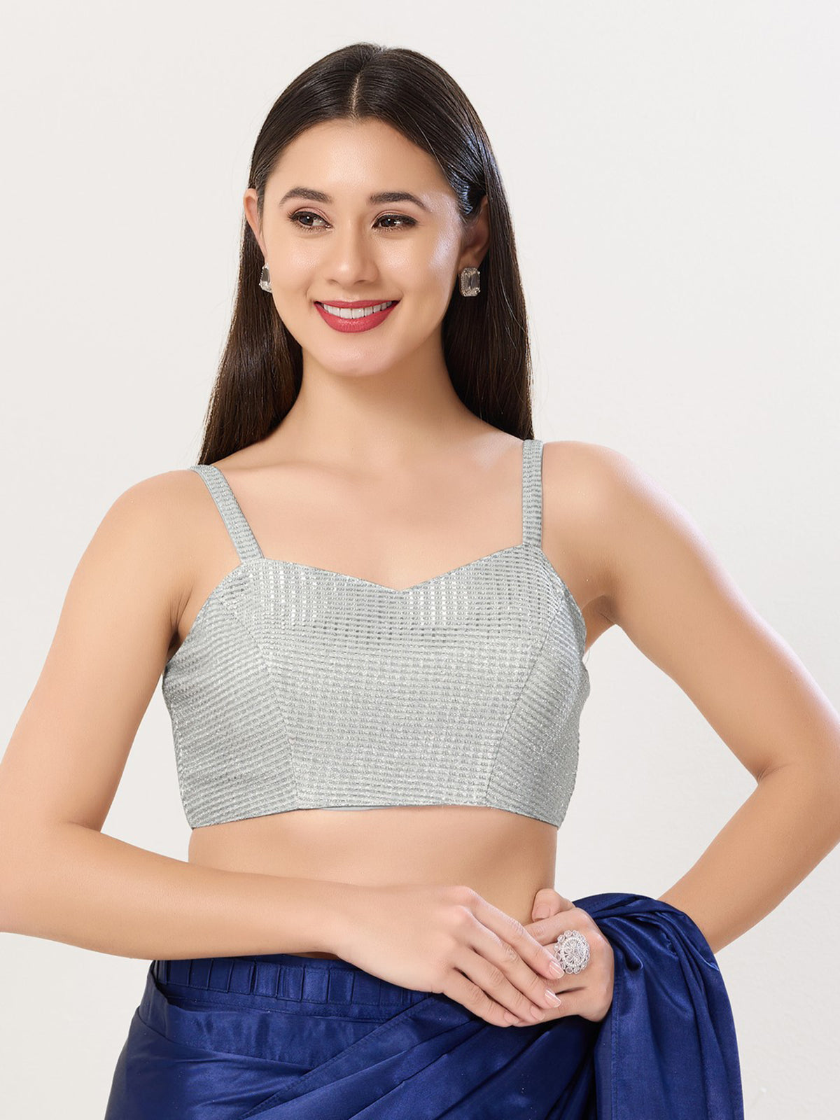 Silver polyester sleeveless sweetheart blouse