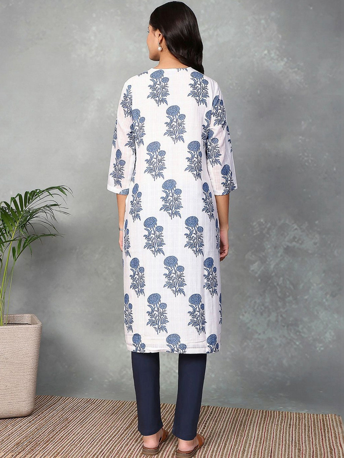 White floral printed linen cotton casual kurti