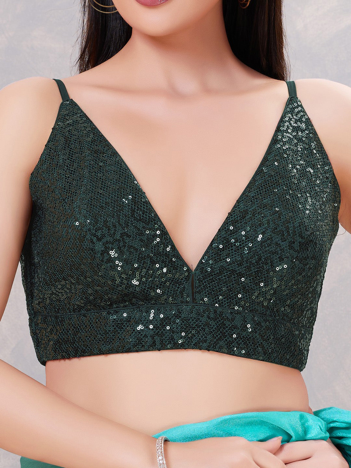Bottle green sequin V neck blouse