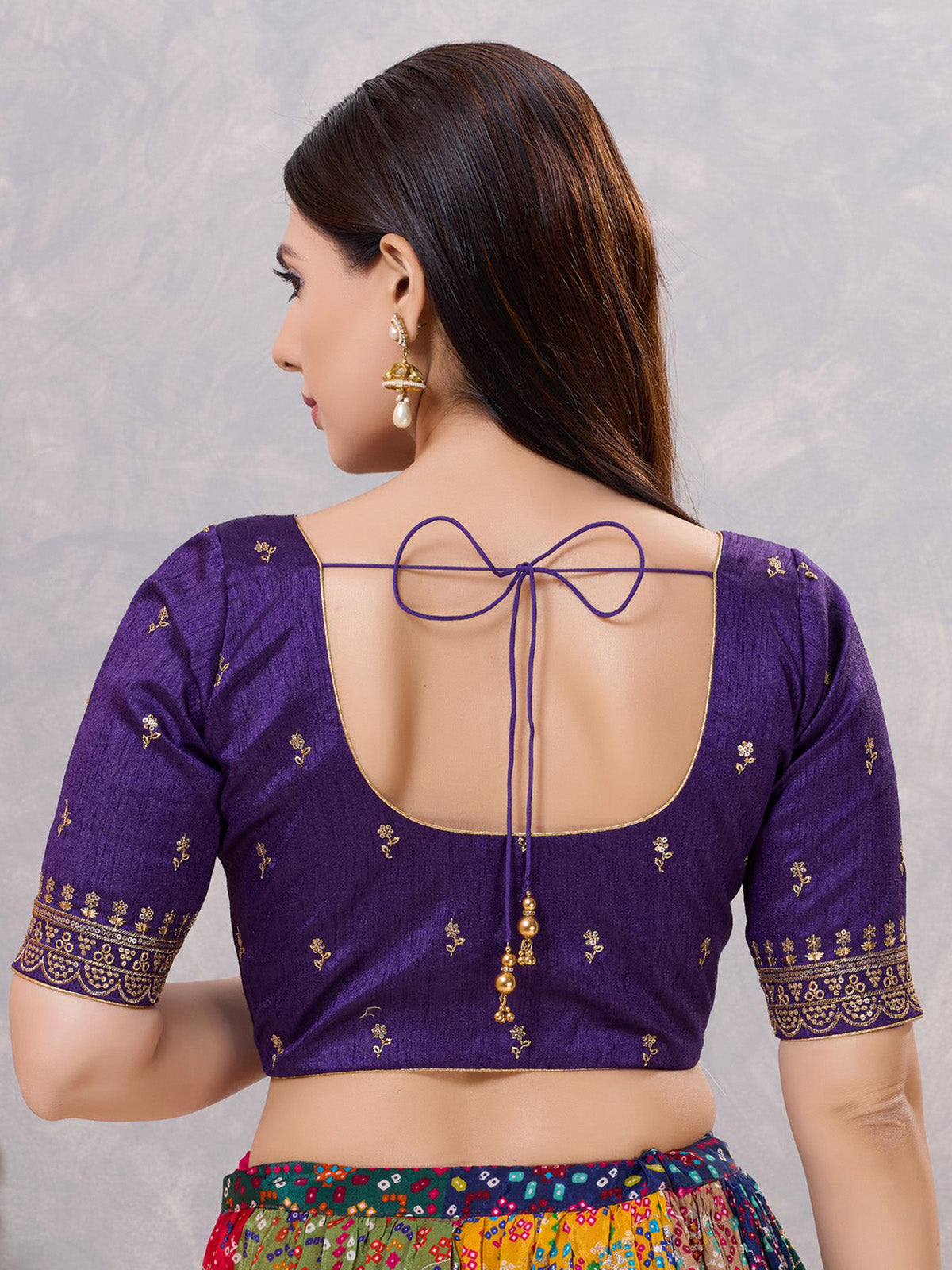 Purple silk resham and sequin work front open blouse