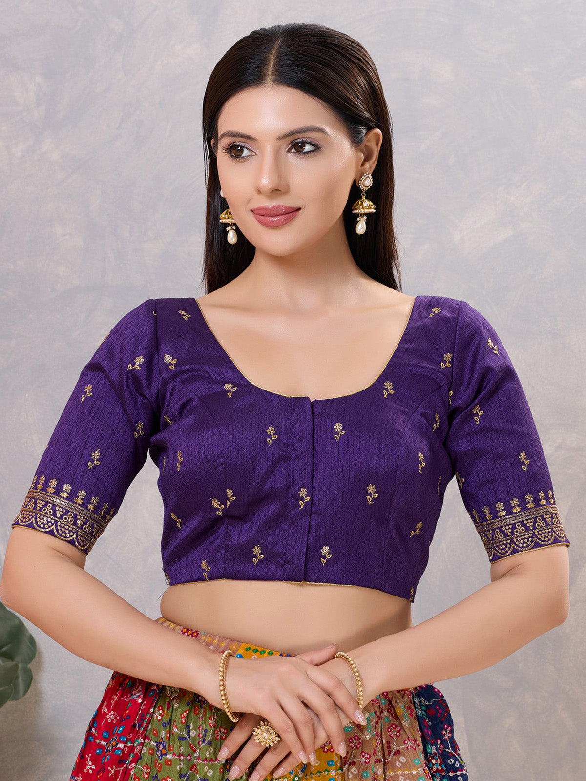 Purple silk resham and sequin work front open blouse