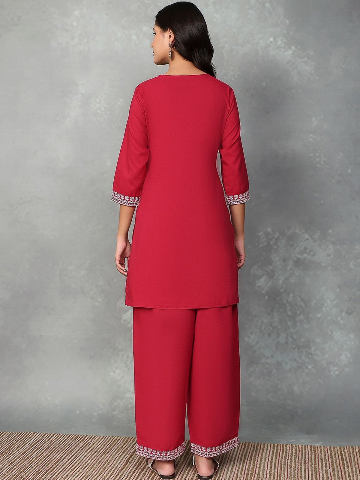 Maroon silk embroidered yoke style palazzo set