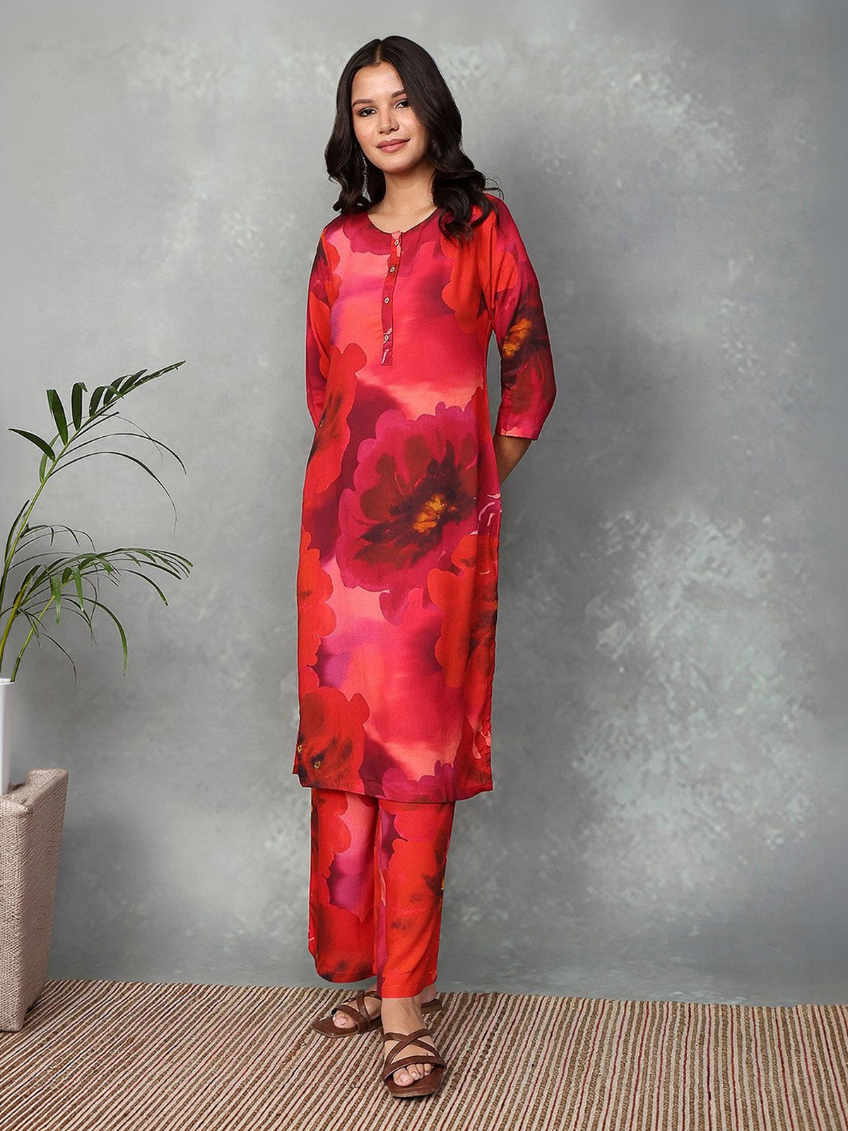 Red floral printed crepe silk kurti set