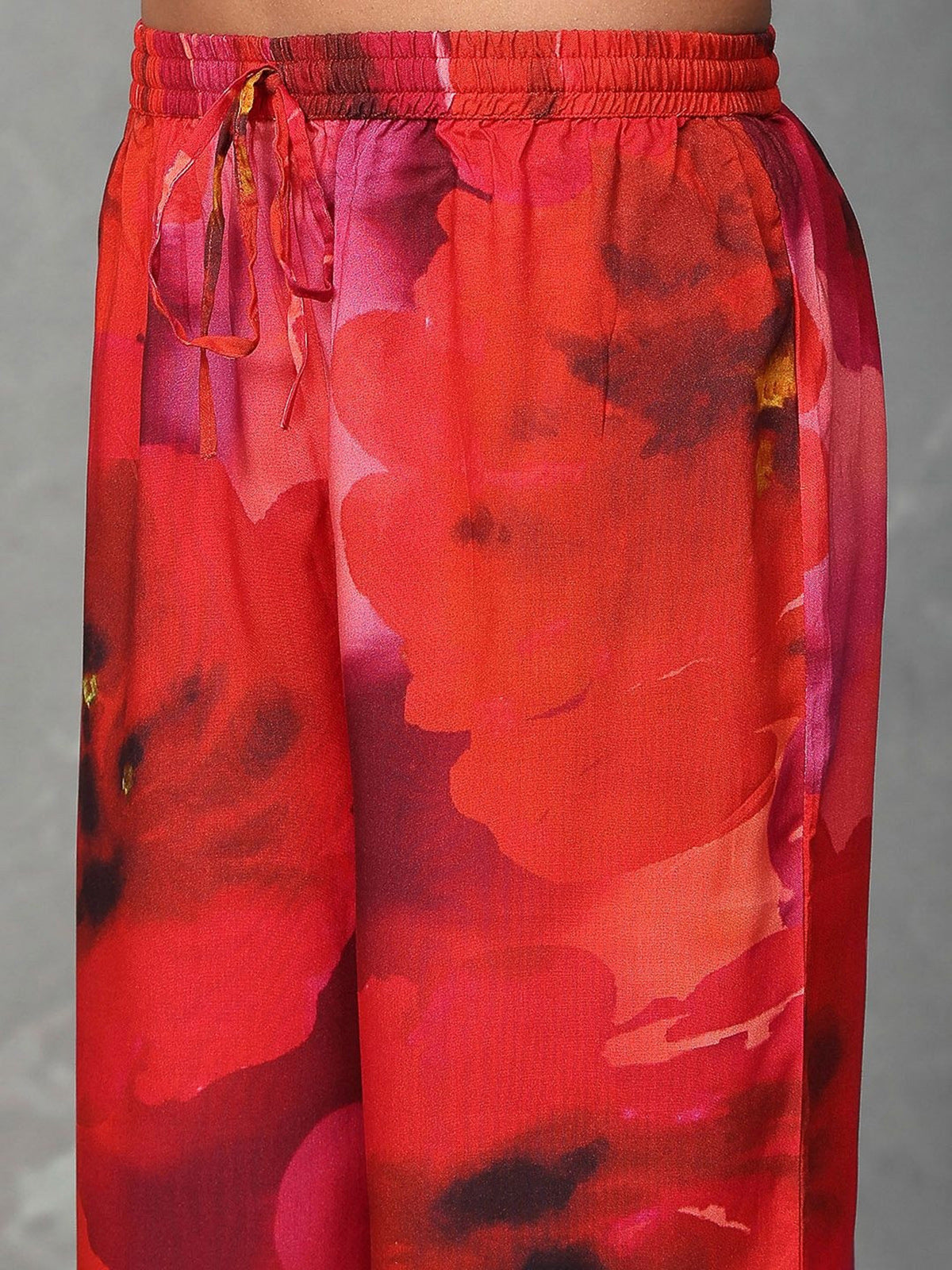 Red floral printed crepe silk kurti set