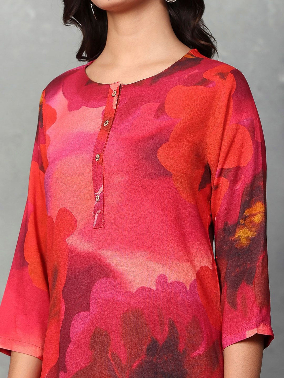 Red floral printed crepe silk kurti set