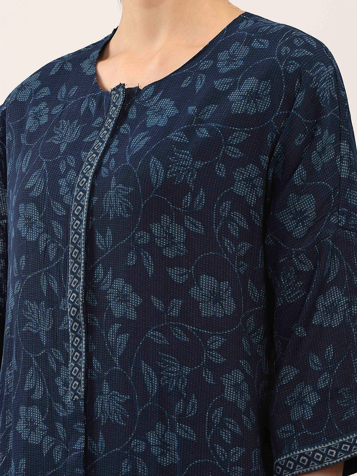 Navy blue floral printed silk kurti set
