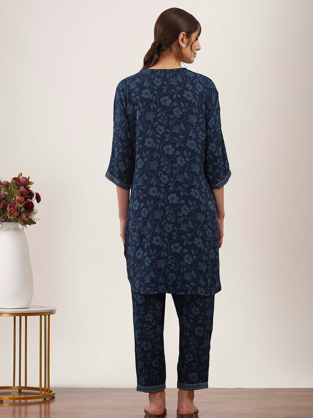 Navy blue floral printed silk kurti set