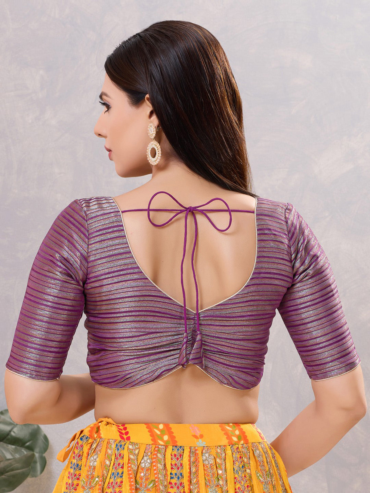 Purple zari silk front open round neck blouse