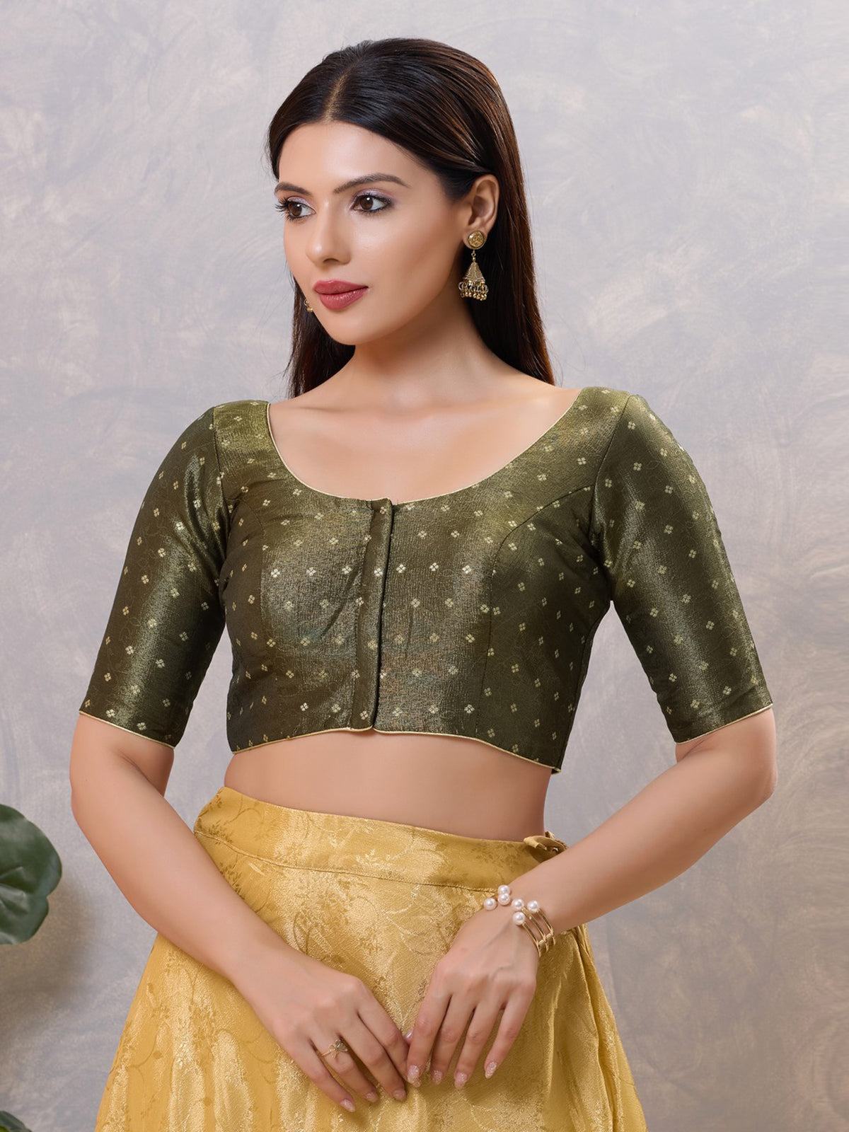 Mehendi green zari silk round neck blouse