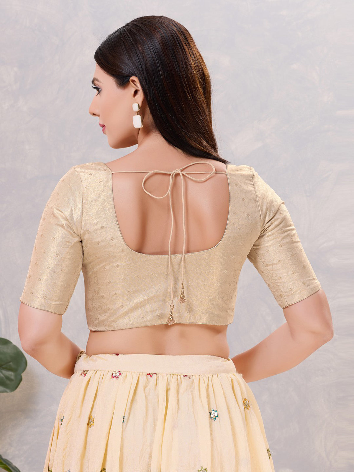 Gold zari silk front open elbow sleeve blouse