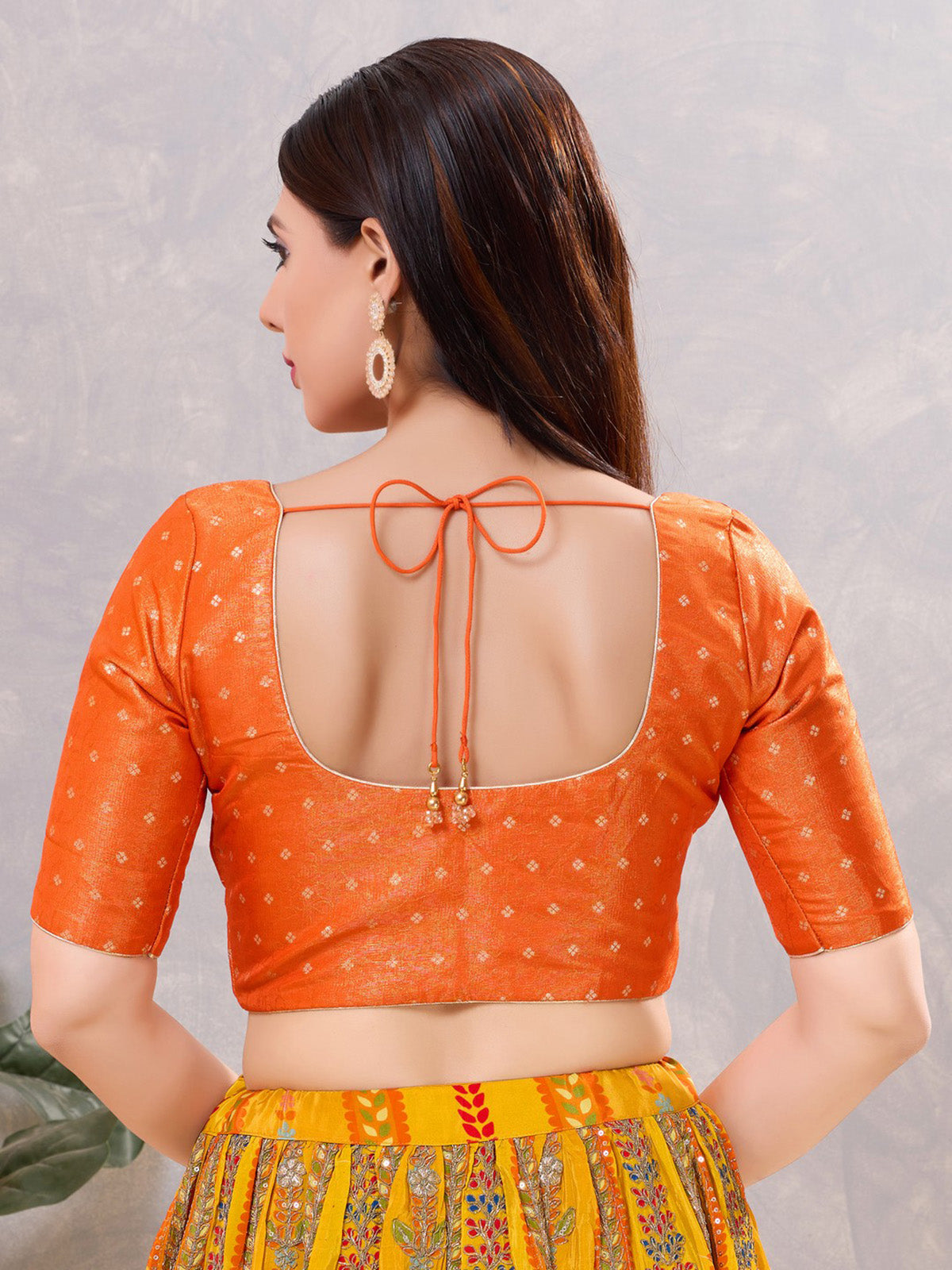 Orange zari silk round neck ready made blouse