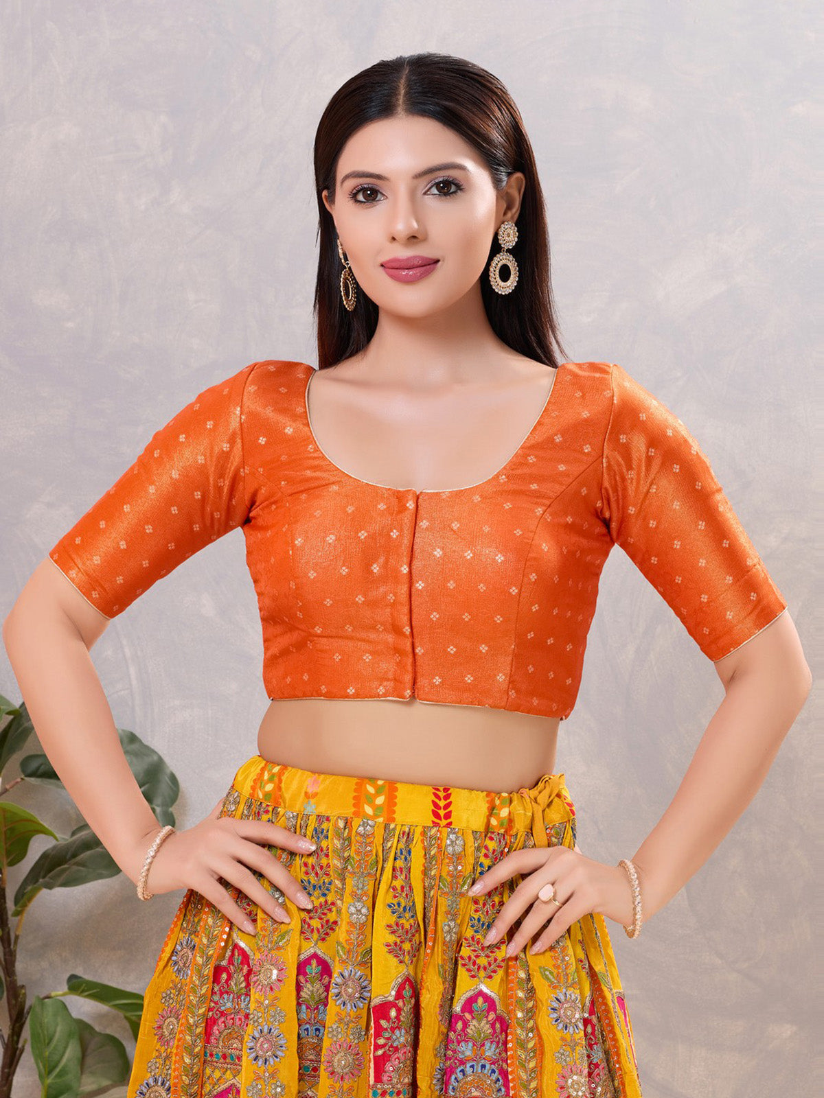 Orange zari silk round neck ready made blouse