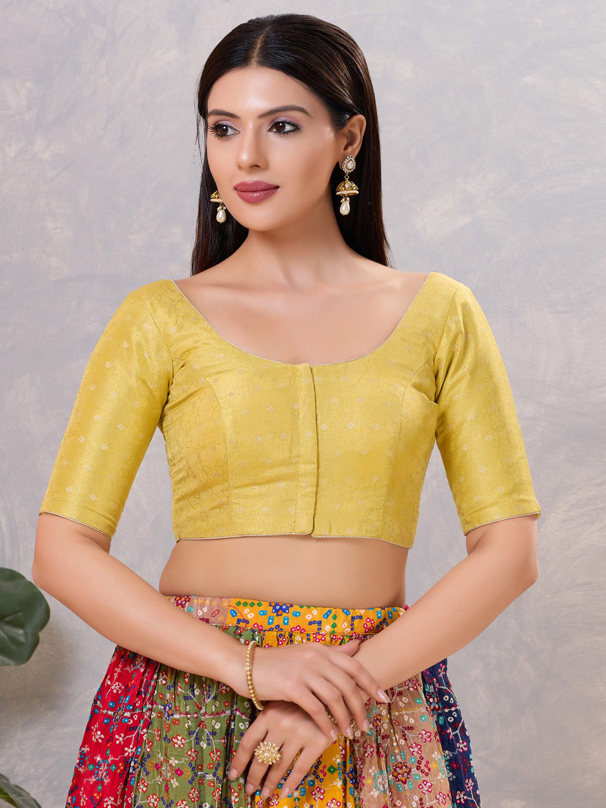 Mehendi yellow zari silk elbow sleeve blouse