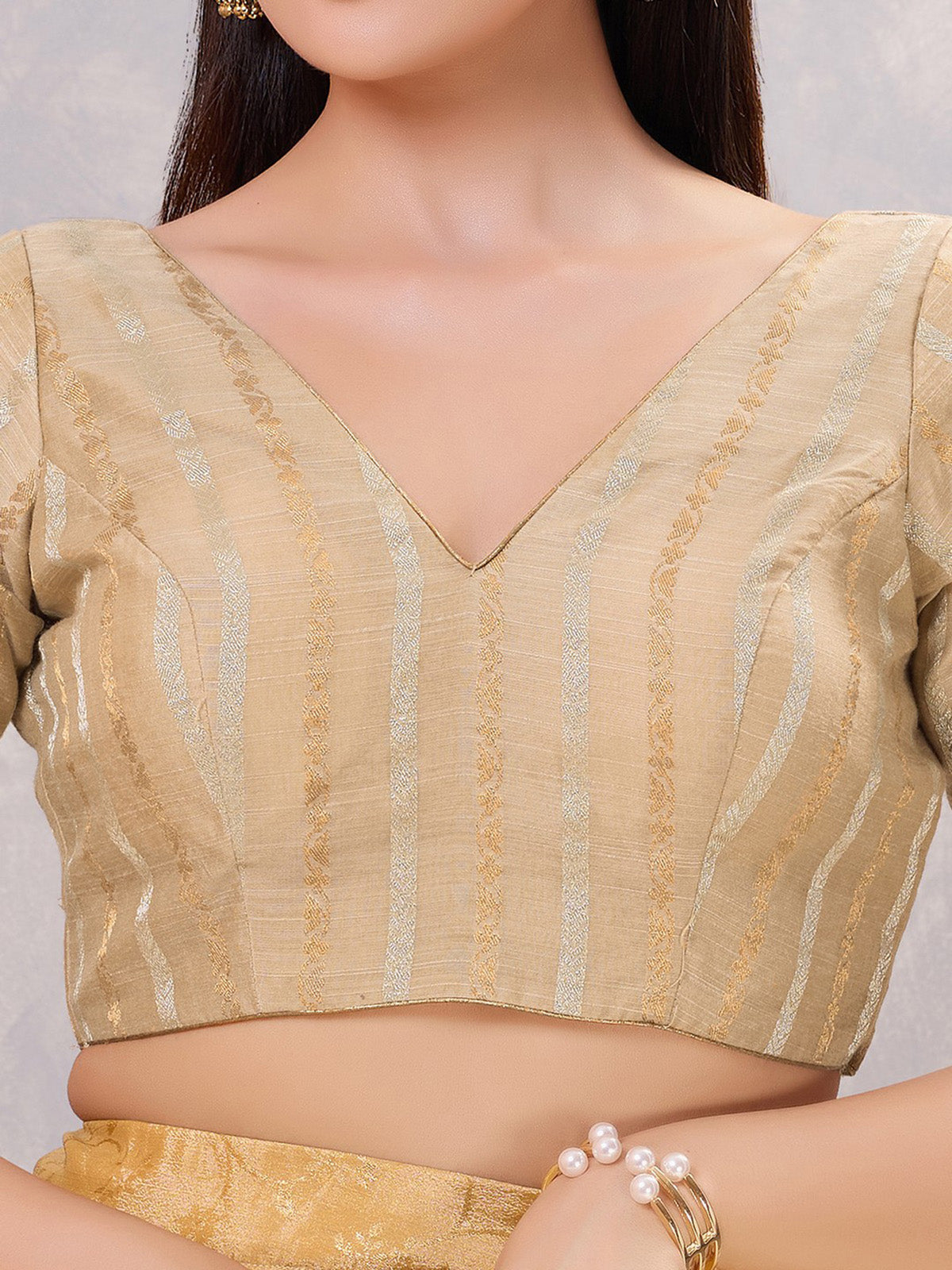 Beige zari cotton blend V neck blouse