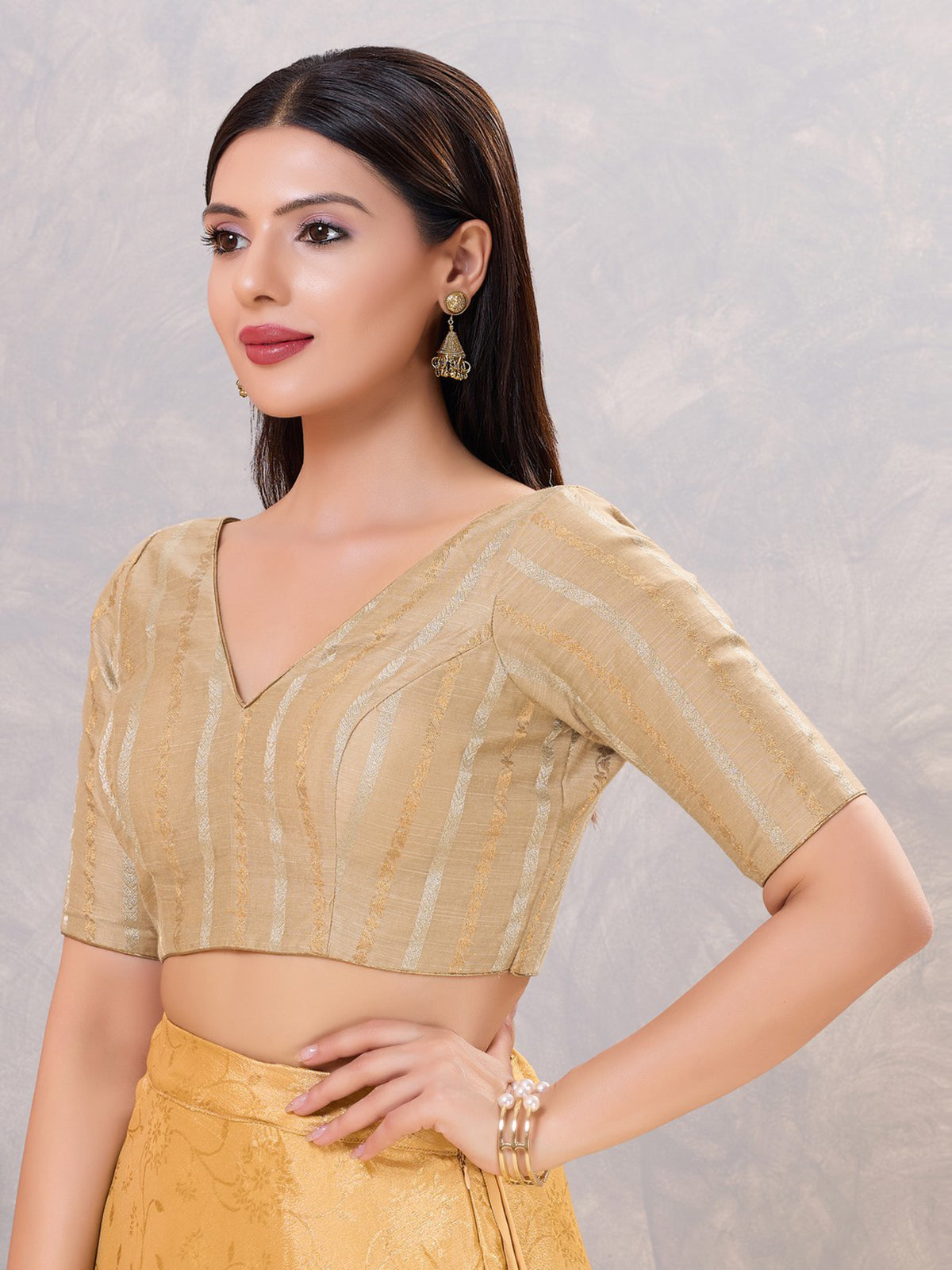 Beige zari cotton blend V neck blouse
