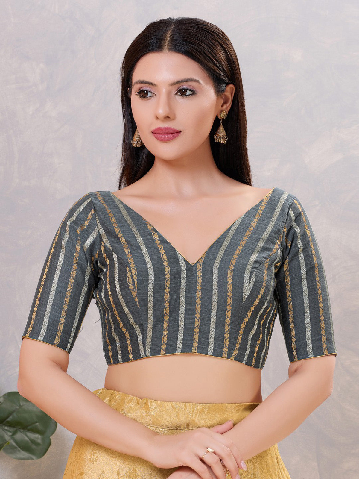 Grey zari cotton blend back open blouse