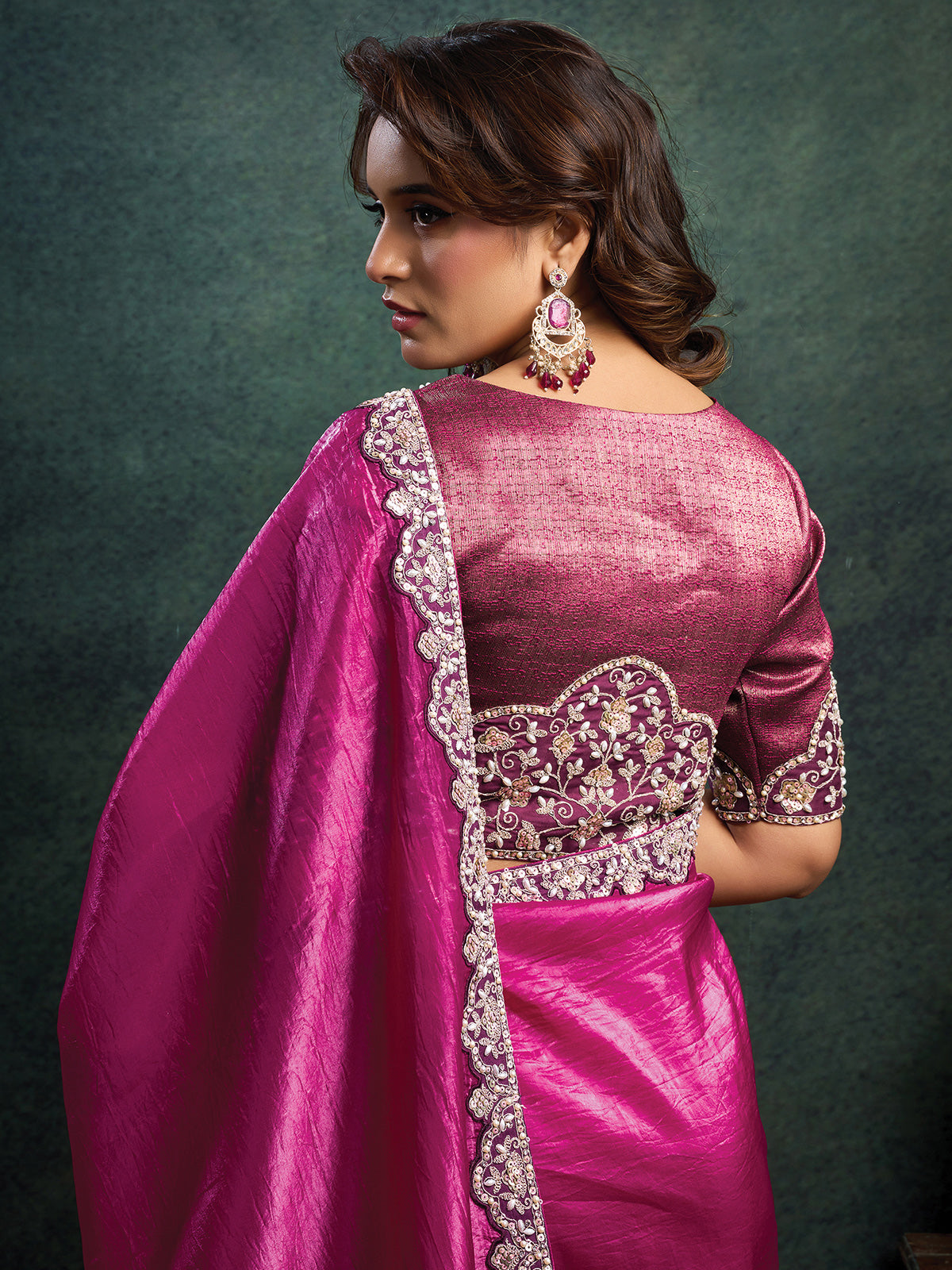 Magenta designer pearl embellished cruss satin saree