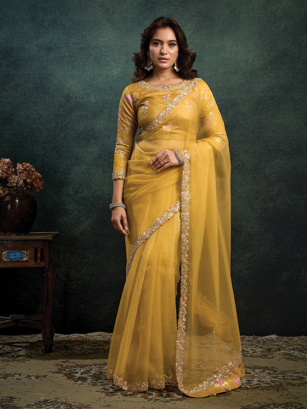 Mustard yellow embellished organza silk saree