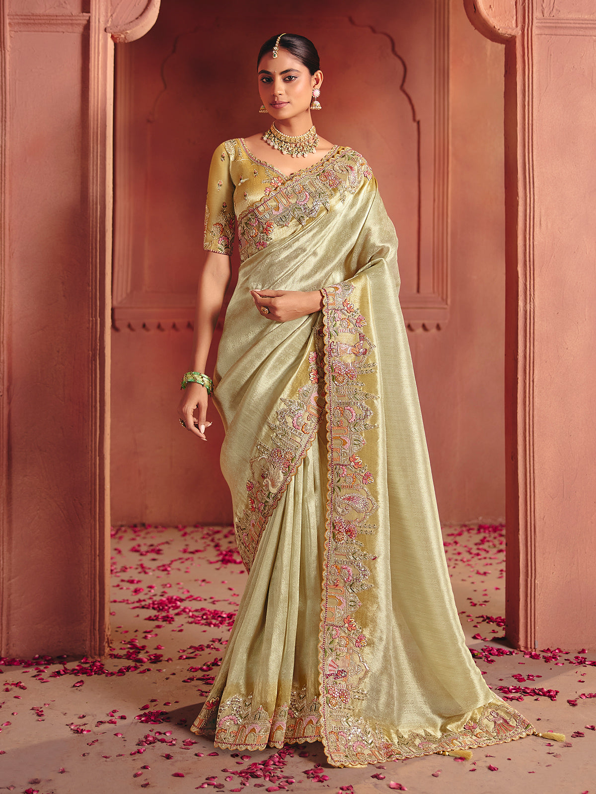Pista green silk saree showcasing delicate ethnic luxury