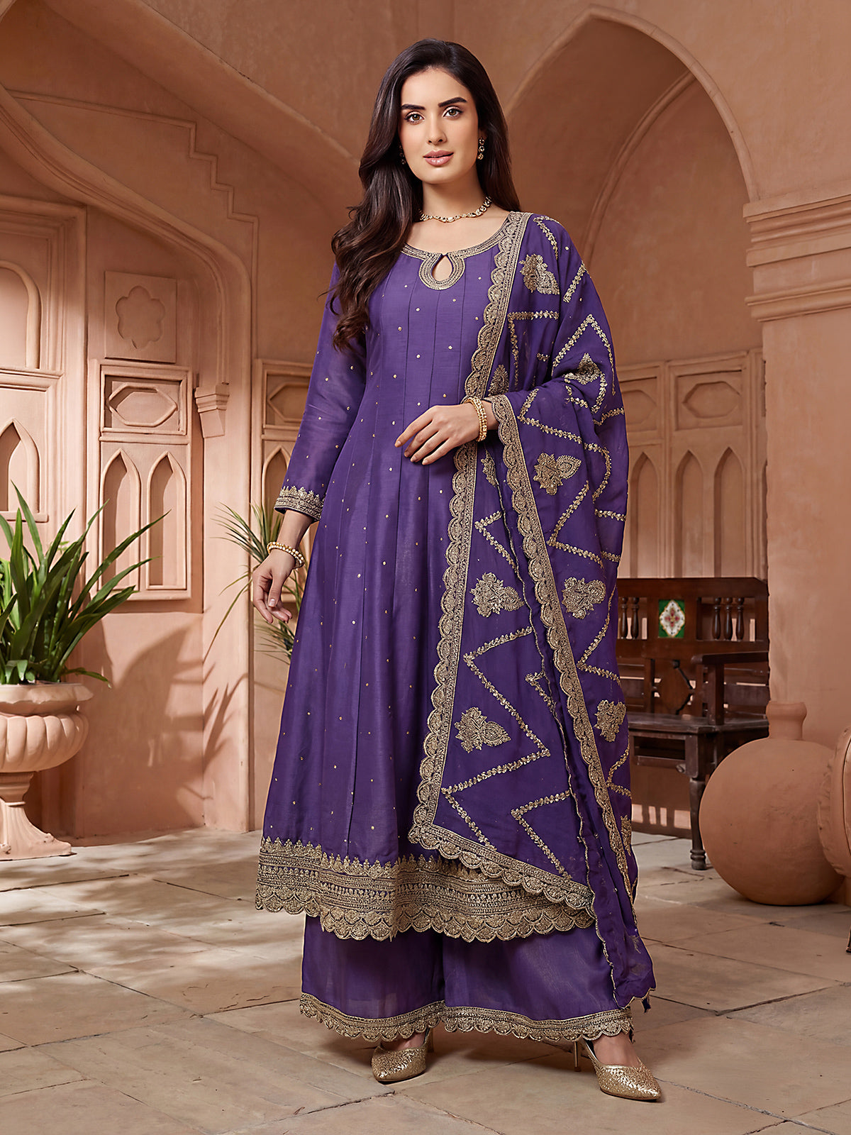 Purple silk pakistani style anarkali palazzo suit for women