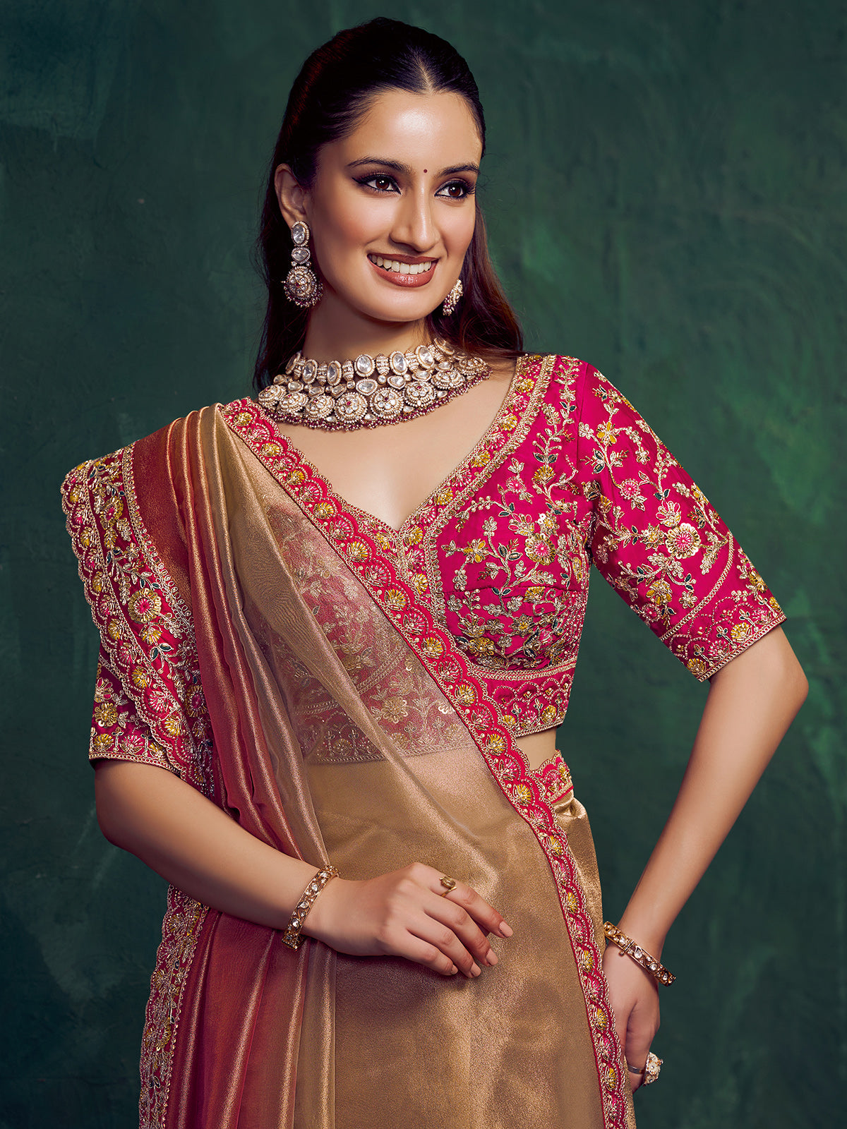 Pastel peach kora zari tissue silk saree