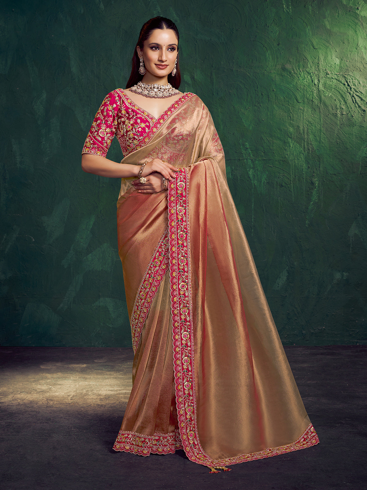 Pastel peach kora zari tissue silk saree