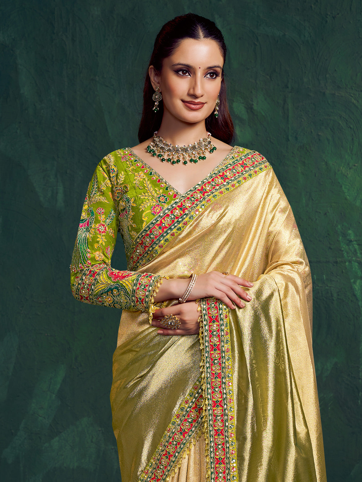 Shaded pista green kora zari tissue silk saree