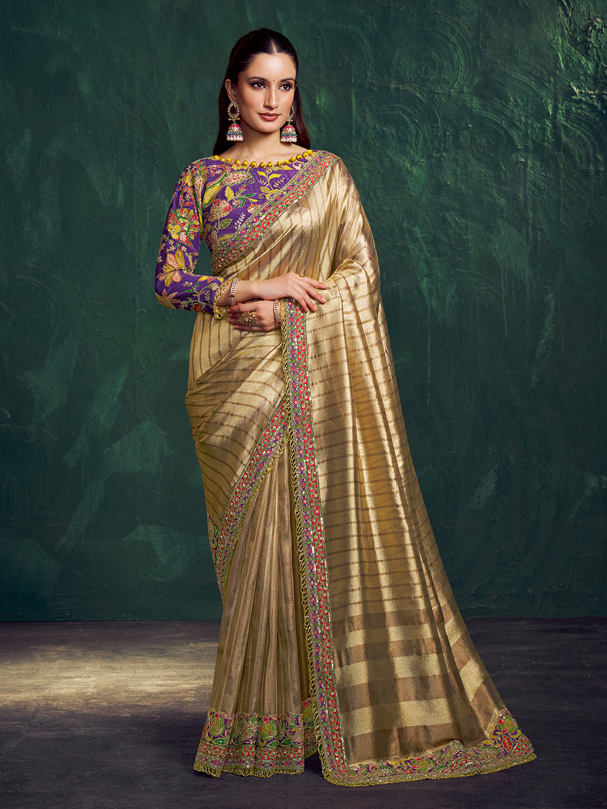 Golden embellished kanjivaram zari tissue silk saree