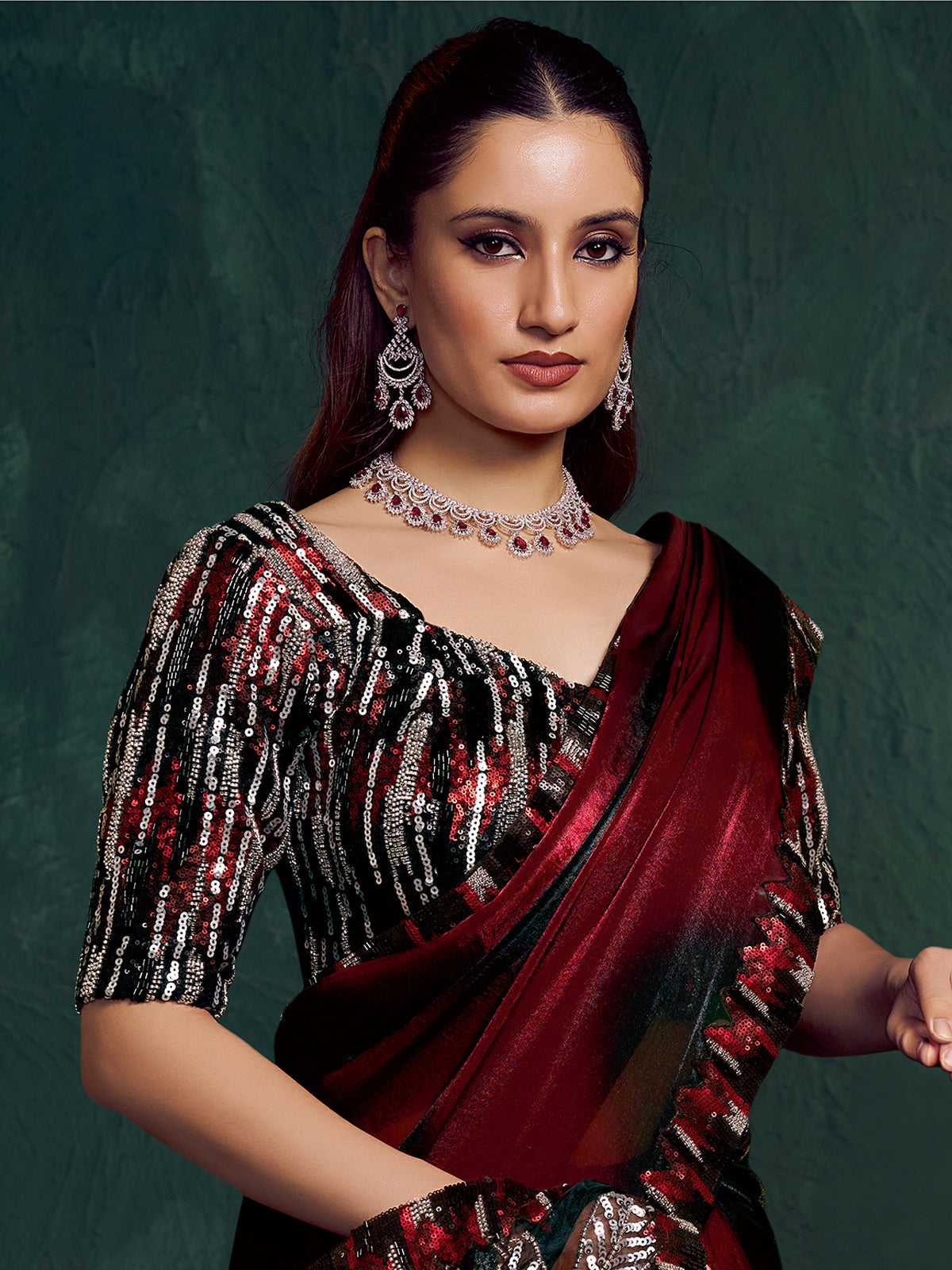 Maroon shaded satin silk party saree