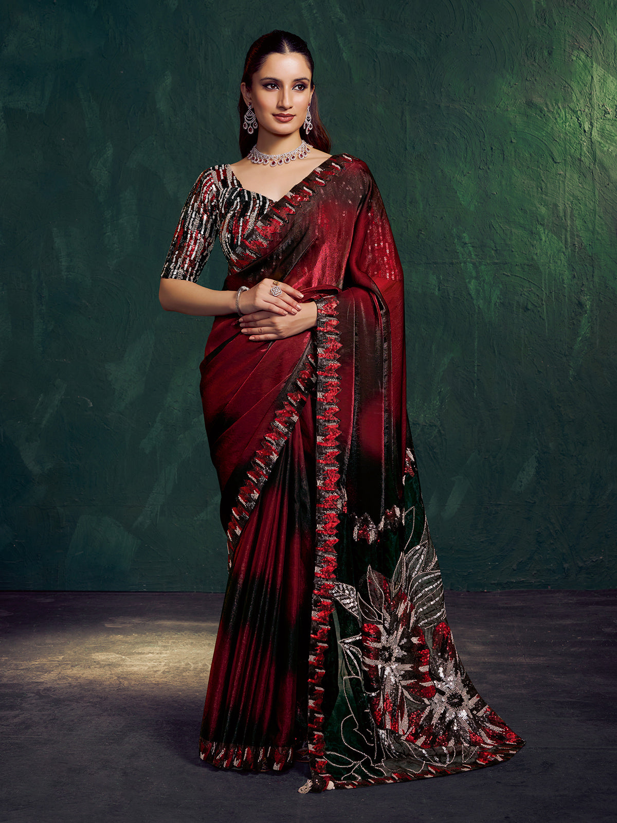 Maroon shaded satin silk party saree