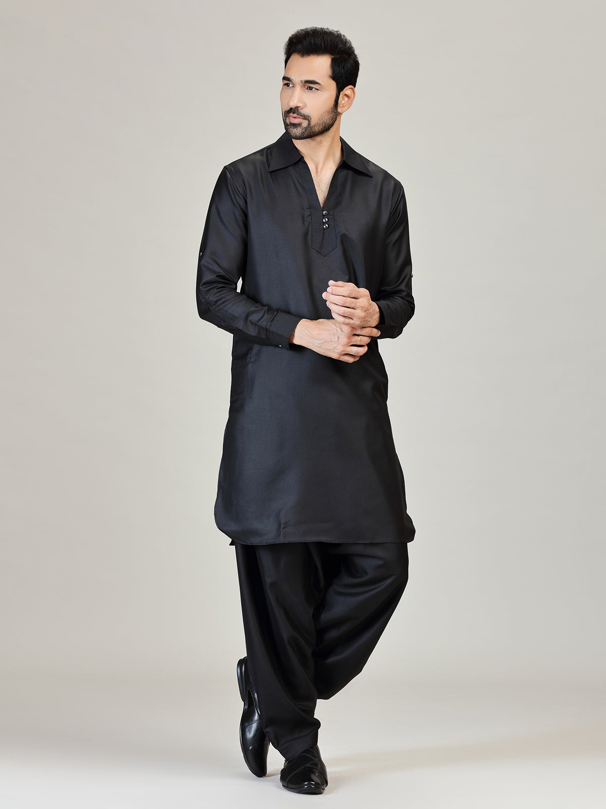 Black plain pathani kurta suit for men