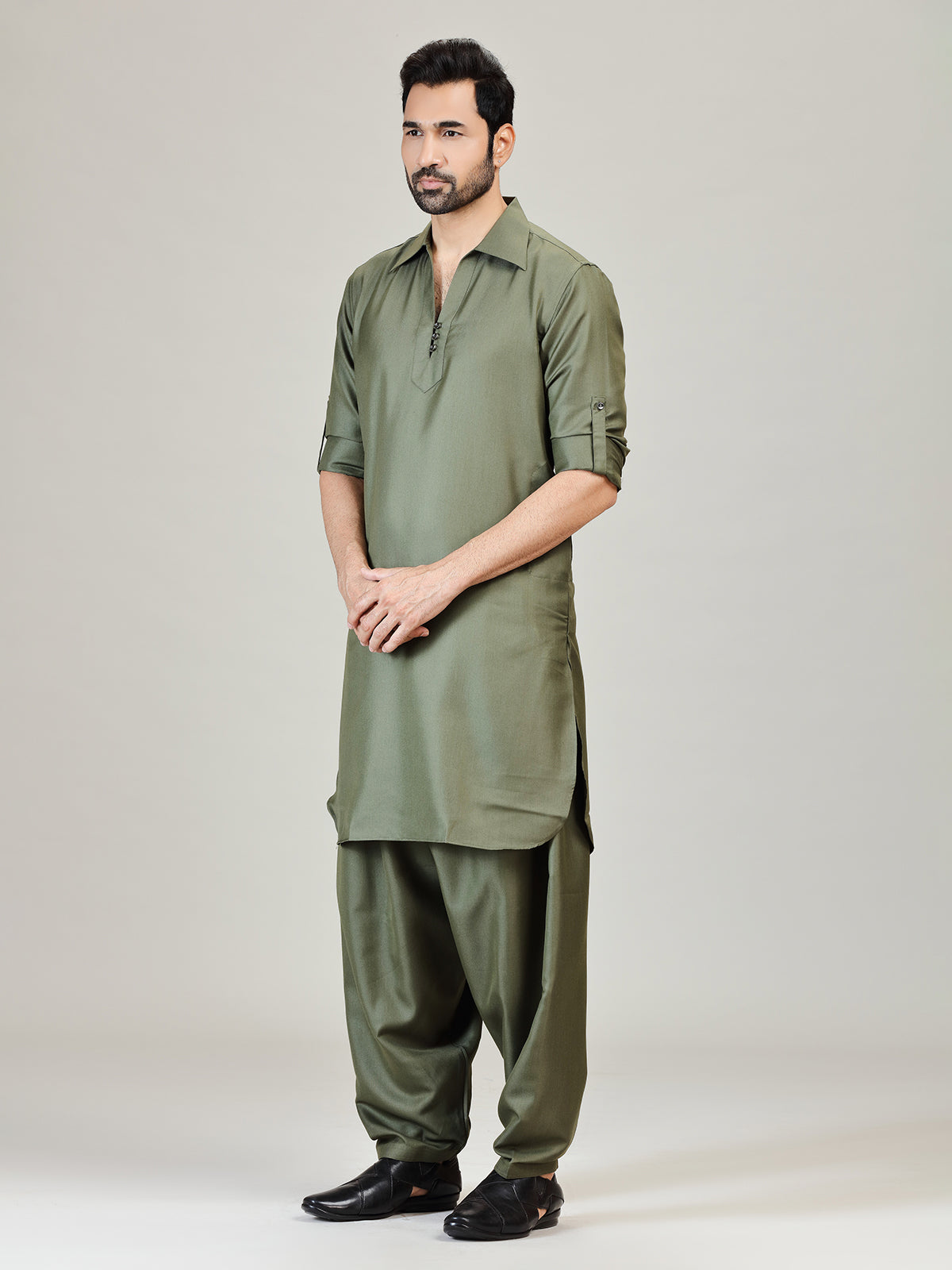 Olive green plan cotton silk pathani kurta suit