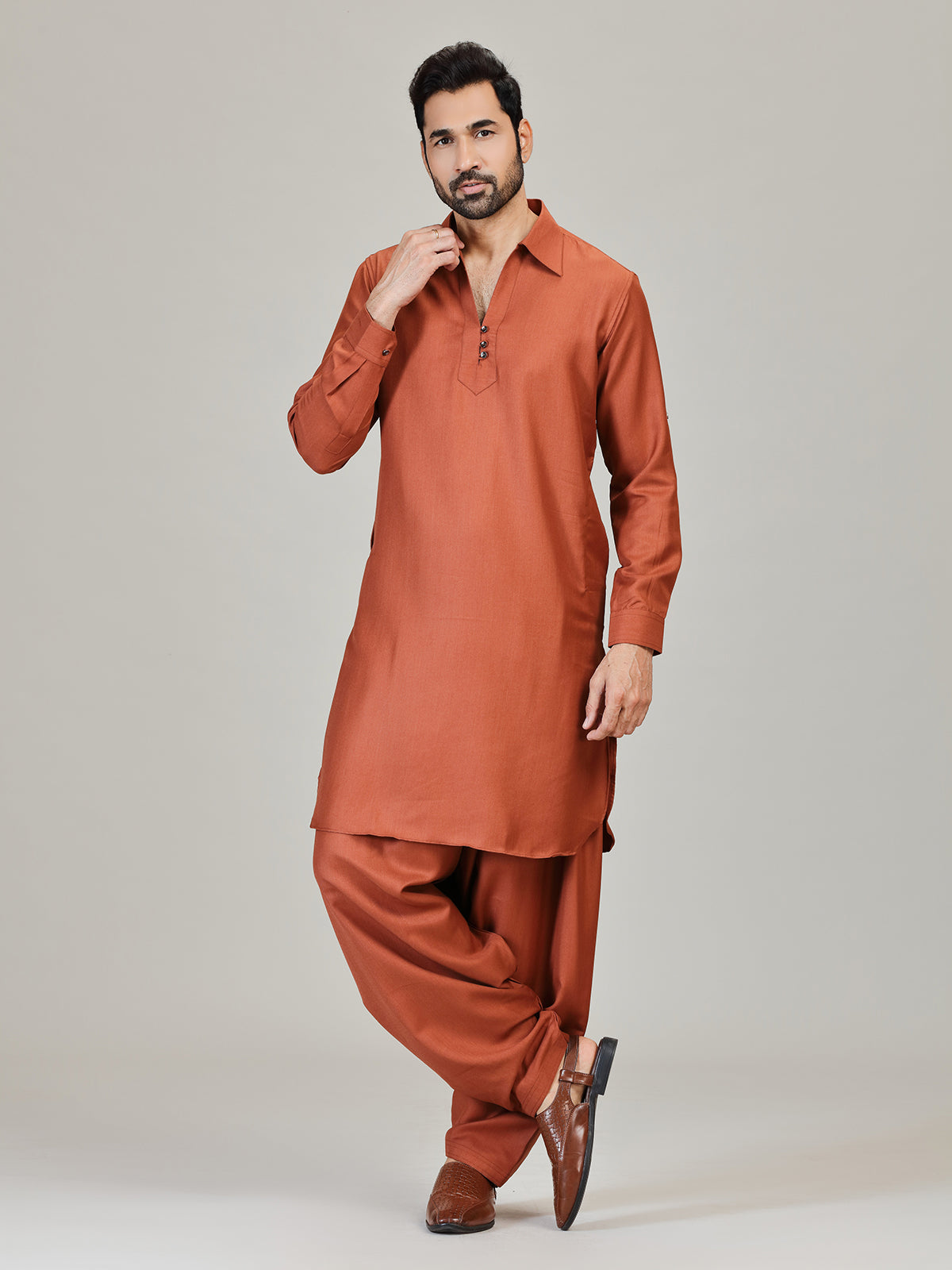 Rust orange eid special cotton silk pathani kurta suit