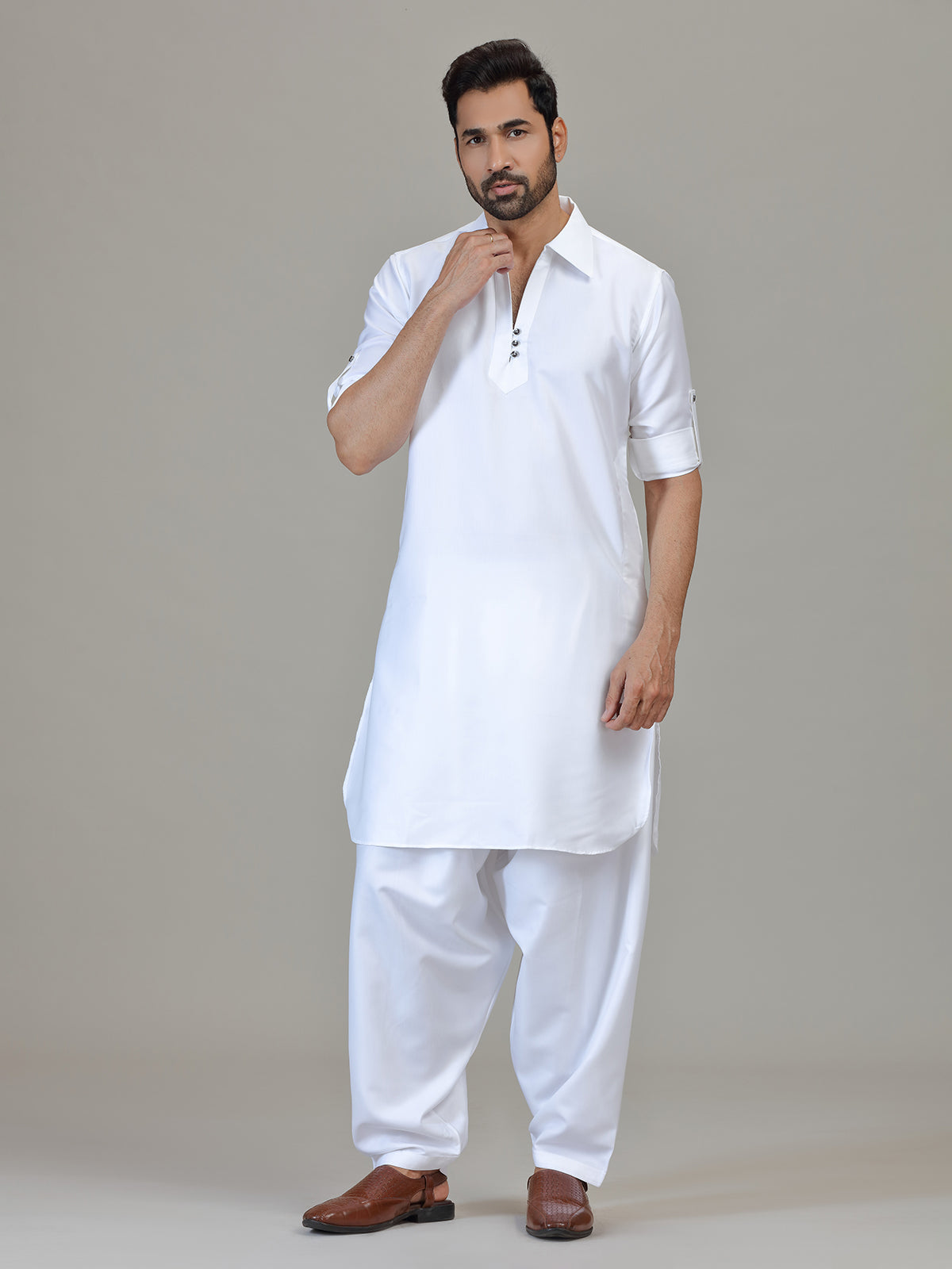 White cotton silk pathani kurta suit for festive celebration