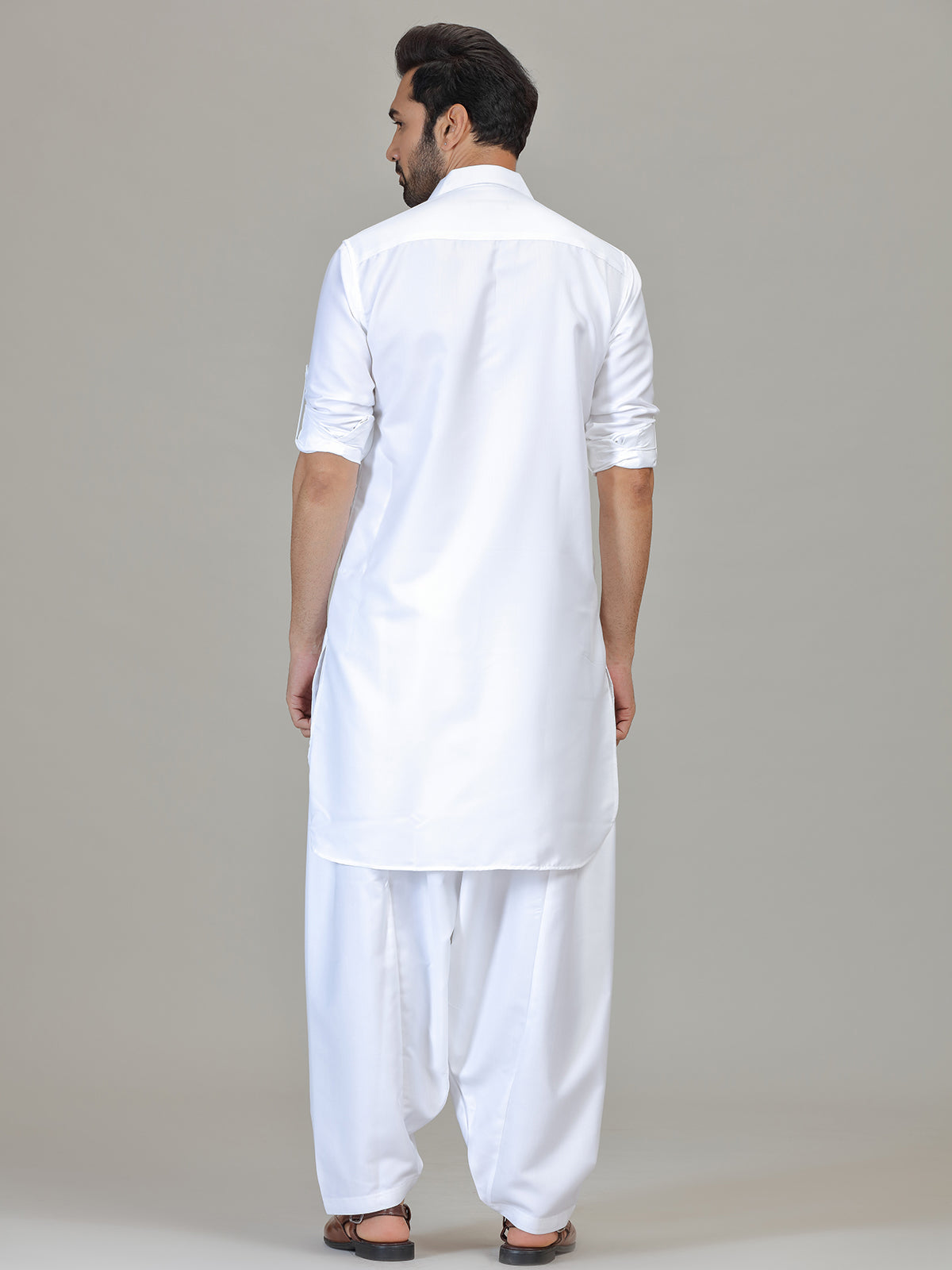 White cotton silk pathani kurta suit for festive celebration