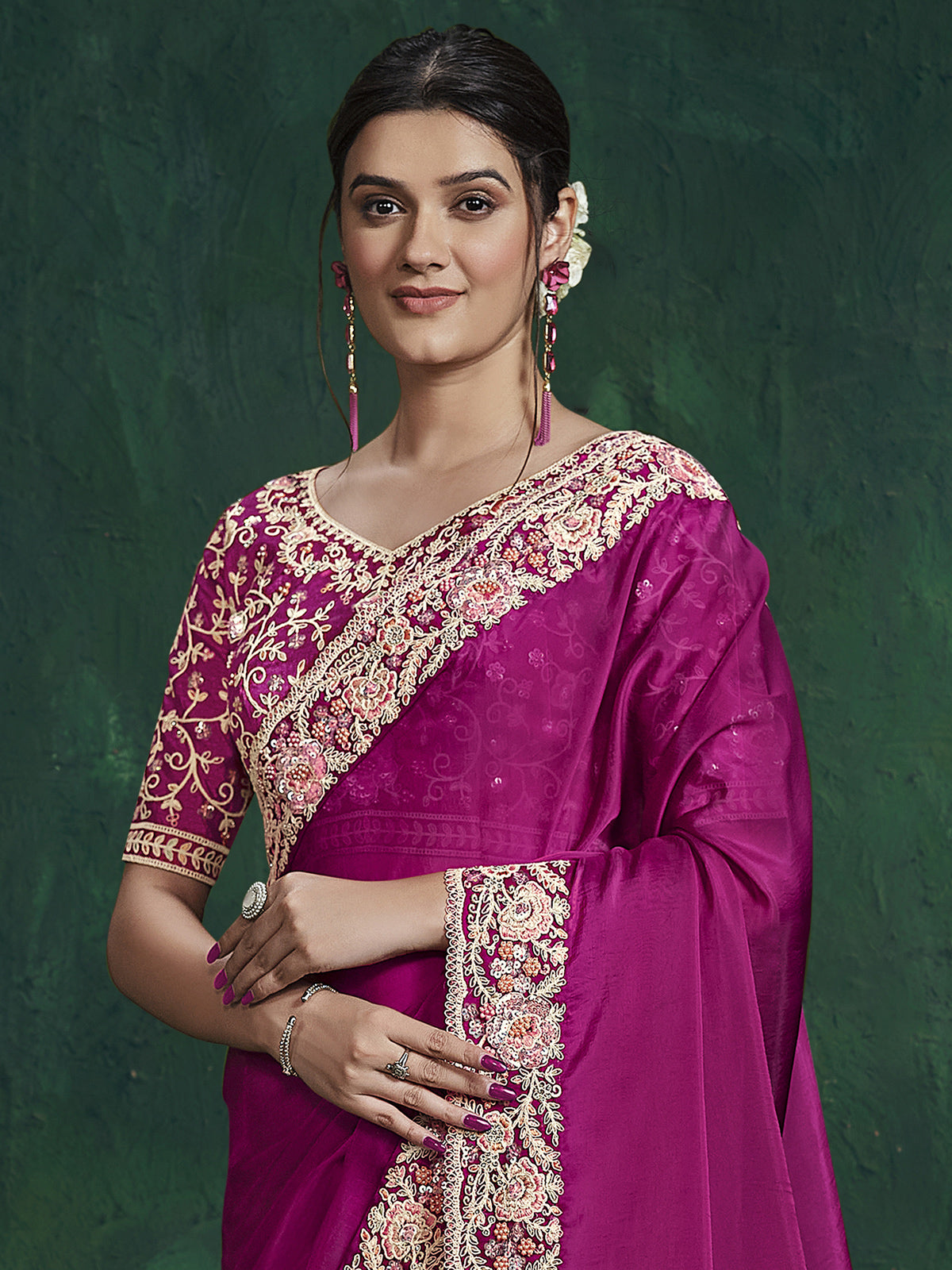 Purple crepe georgette silk festive saree